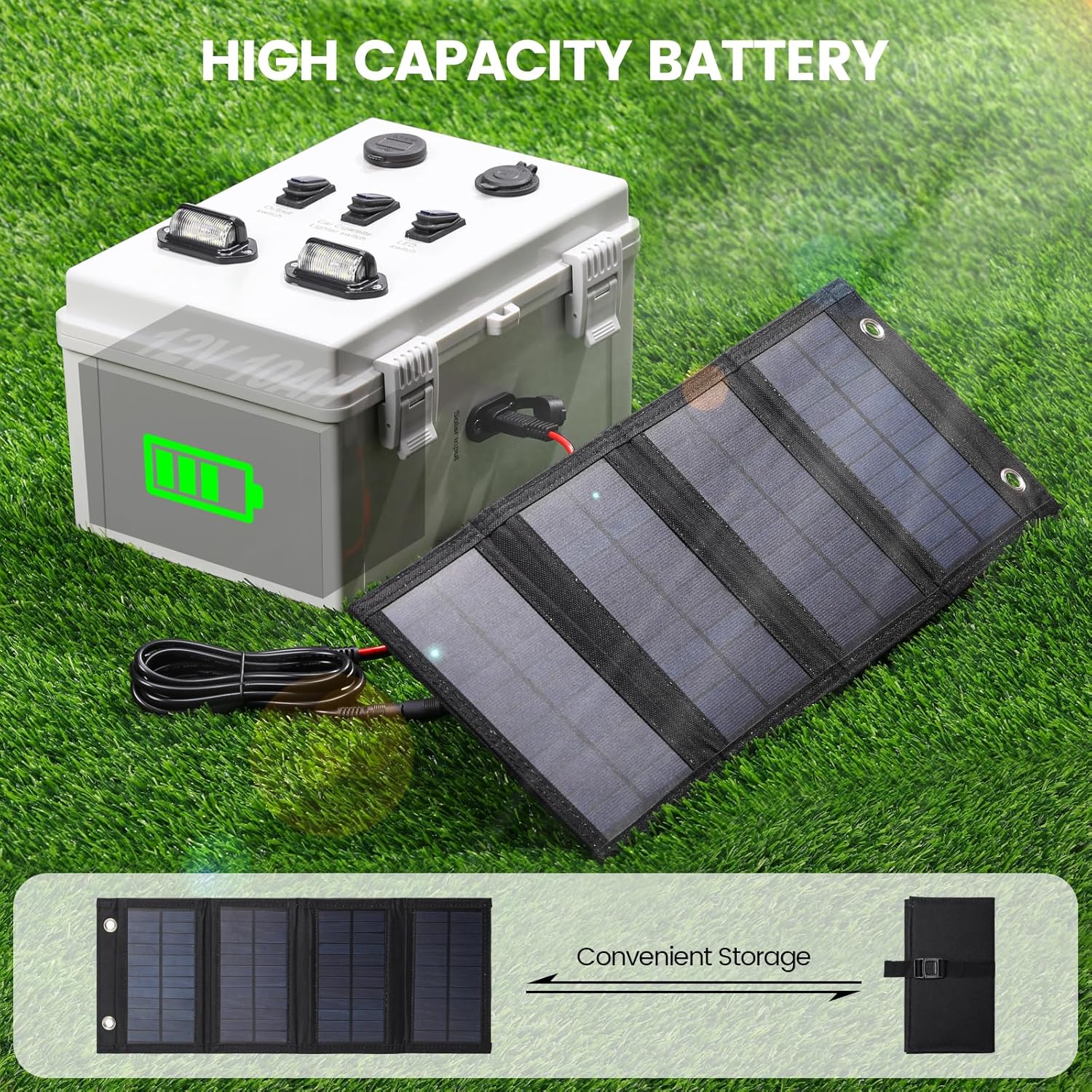 The Charger | TXL Hunting Blind Accessories 12 Volt Charging Port System with 12.8V 10AH Battery, USB Ports, LED Lights, Cigarette Lighter Socket, Solar Panel, Connectors & Weather-Resistant Housing