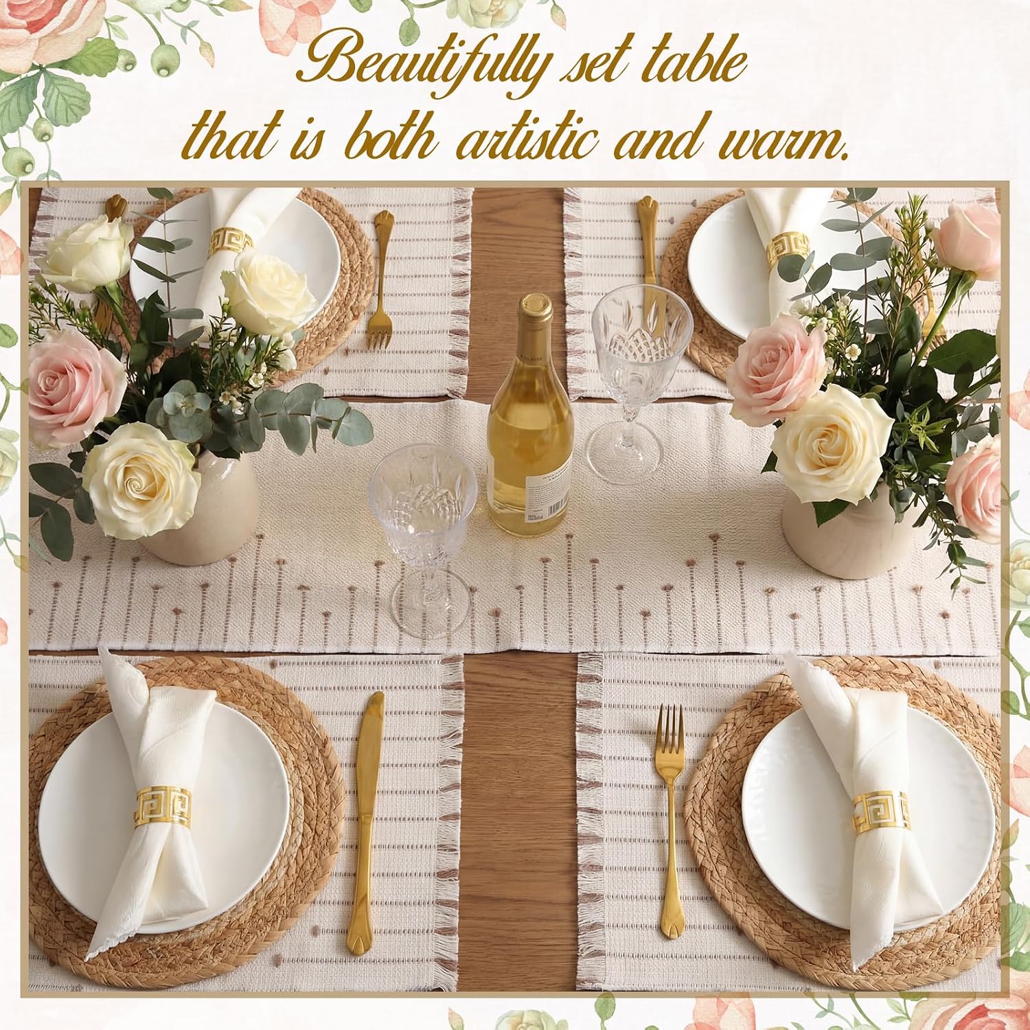 9 Pcs Boho Placemats Set, 4 Round Woven Mats Table Runner image 3