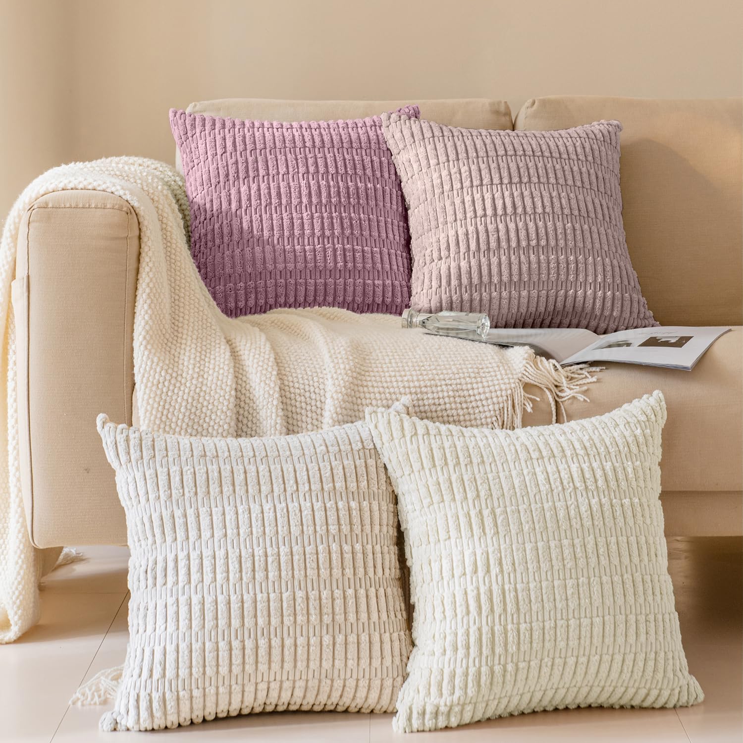 Housses de coussin en velours côtelé pour canapé et chambre à coucher rose
