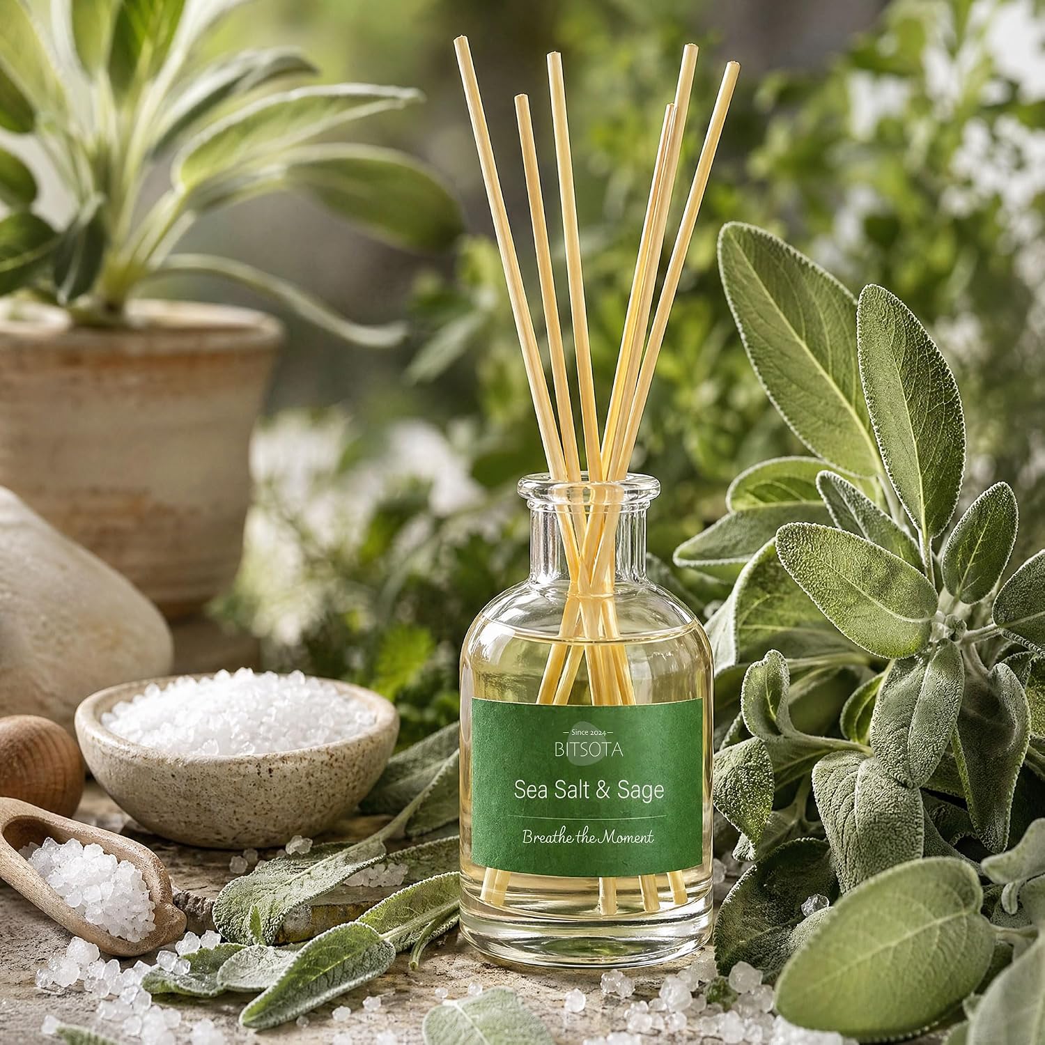 Natural Reed Diffuser Set, Sea Salt & Sage 3.52 oz (100ml) Scented Diffuser with Sticks Home Fragrance Reed Diffuser for Bathroom Shelf Decor, Ideal Gift for Woman image 2