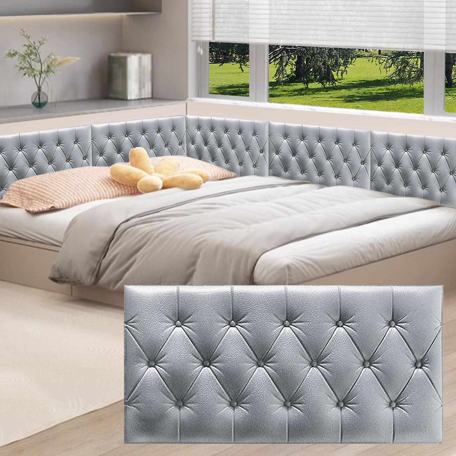 Fnyopki Anticollision Wall Padding Peel and Stick Headboard, Self-Adhesive Panels for Wall Bedroom Living Room Upholstered Wall Panel