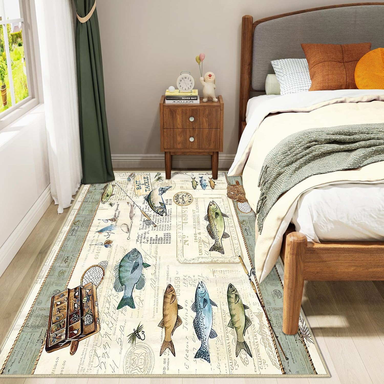 Fishing Living Room Rug 3x5 Cabin Modern Area Rugs, Machine Washable Rug for Bedroom, Low Pile Soft Large Carpet for Dining Room Office Non Slip