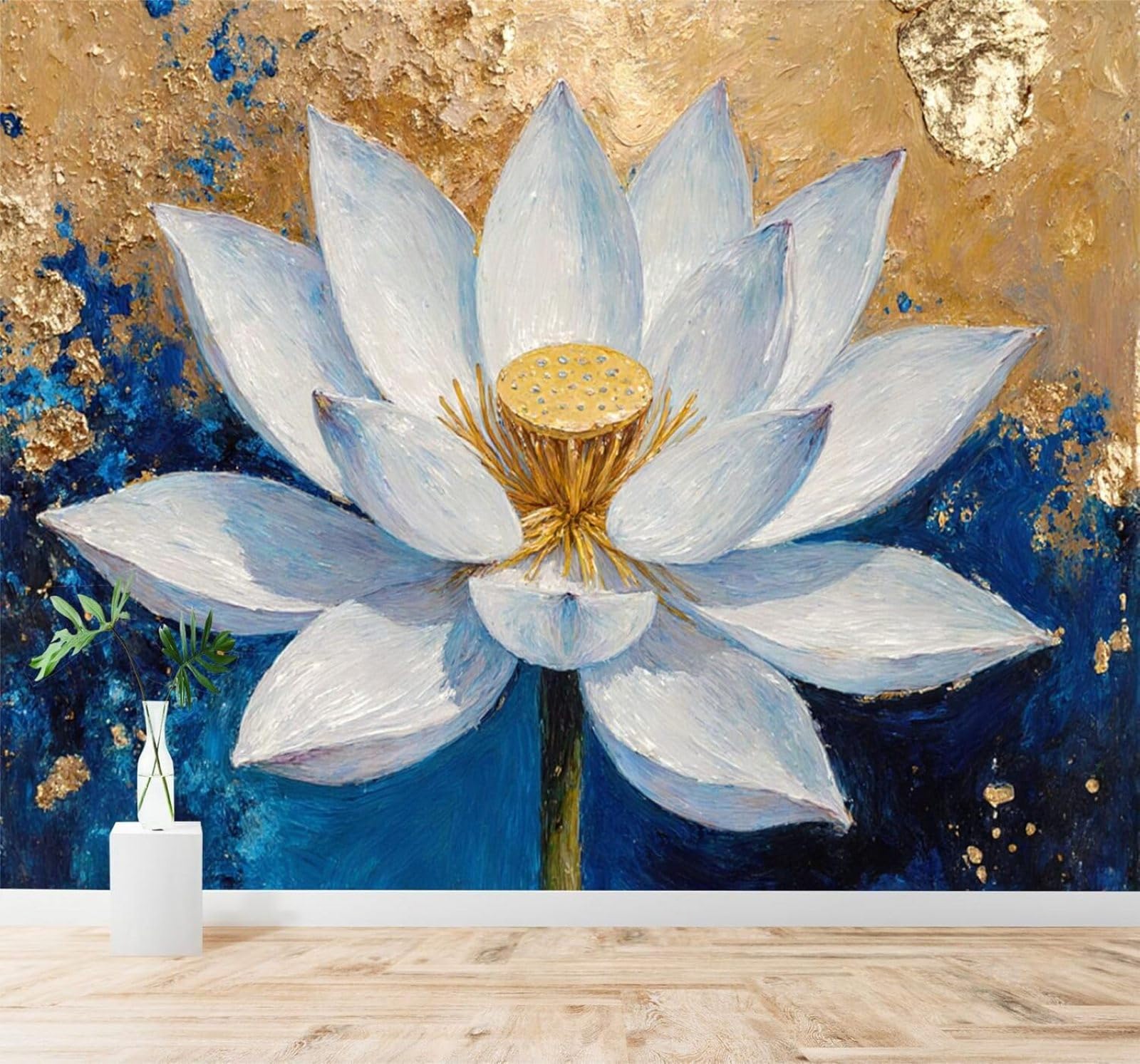 XLMING Hand Drawn Minimalist White Lotus Abstract Blue and Gold 3D Wallpaper Silky Texture Home Study Office Grey Dining Room Sofa Bedroom Living Room TV Backdrop-430cm×300cm