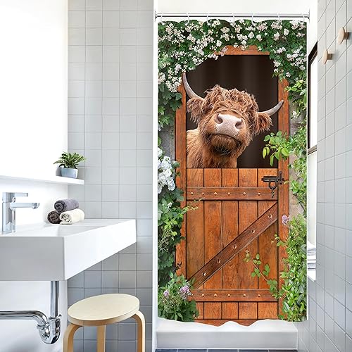Miniatura 10 de Riyidecor Stall - Cortina de ducha divertida de vaca de las tierras altas, 36 pulgadas de ancho x 72 pulgadas de alto, pequeñas cortinas rústicas