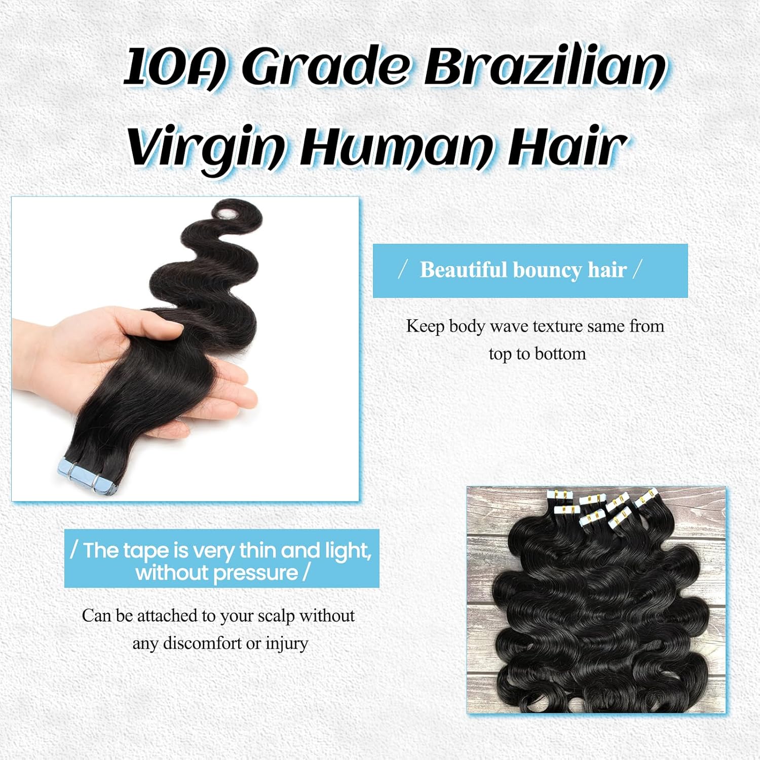 Body Wave Tape in Hair Extensions Human Hair 22 Inch #1B Natural Color Loose Wave Tape ins for Black Women Double Sided Real Remy Invisible Glue in Extensions 50g 20pcs