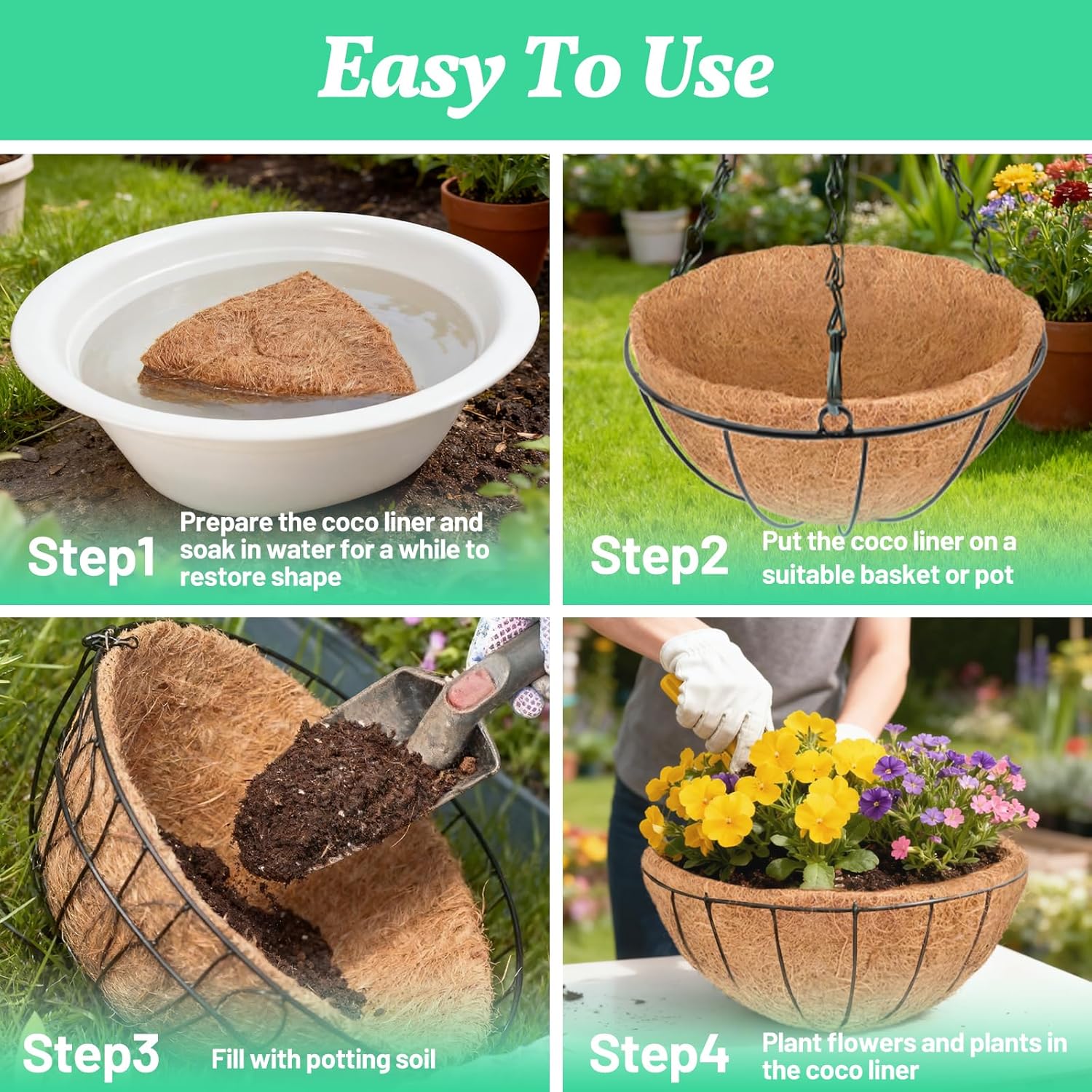 4 Pack 20 Inch Round Coconut Liners for Planters- Natural Hanging Basket Coco Coir Liners Replacement, Coconut Fiber Liner for Outdoor Garden Plants, Flower Pot, Vegetables, Fence, Decks