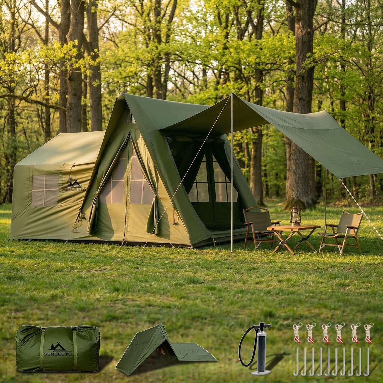 SENLEETO 8/10/12 Person Large Inflatable Tents for Camping, 4 Season Blow Up Tents with Canopy/Rainfly, Luxury Inflatable Tent House with Stove Jack, Easy Setup Inflatable Camping Tent.