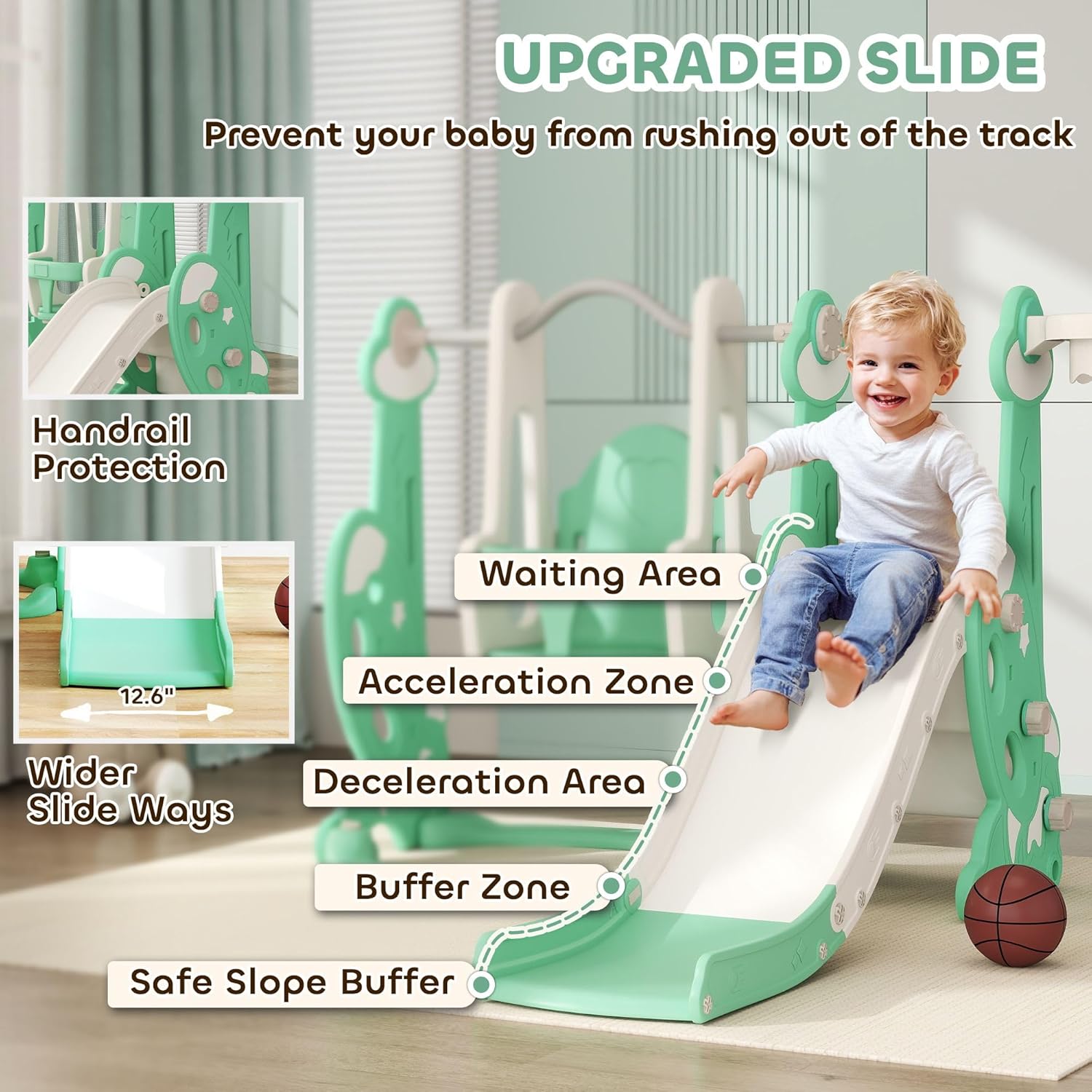 4in1 Family-Friendly Toddler Playground Set Ages 1.5-4 with Slide Swing Climber Basketball Hoop Green Safety Approved Materials