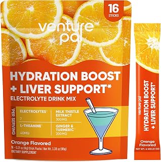 Venture Pal Hydration Packets + Liver Support- Liquid Daily IV Electrolyte Powder Packets with 7 Electrolytes & 5 Vitamins, Milk Thistle + L-Theanine | Sugar-Free | Keto Friendly | Vegan, 16 Sticks