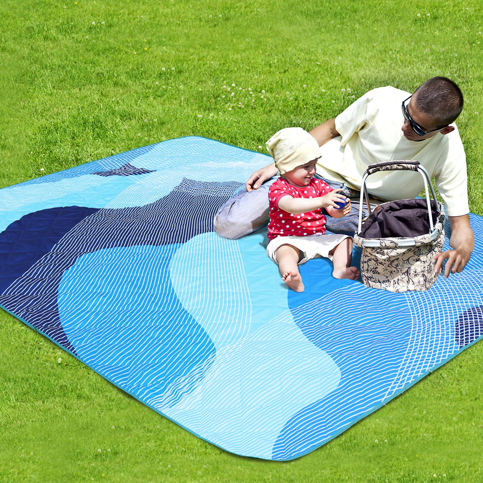 Couverture De Pique-nique étanche, Rayée Bleu Berry, Avec Sangle – Lavable En Machine
