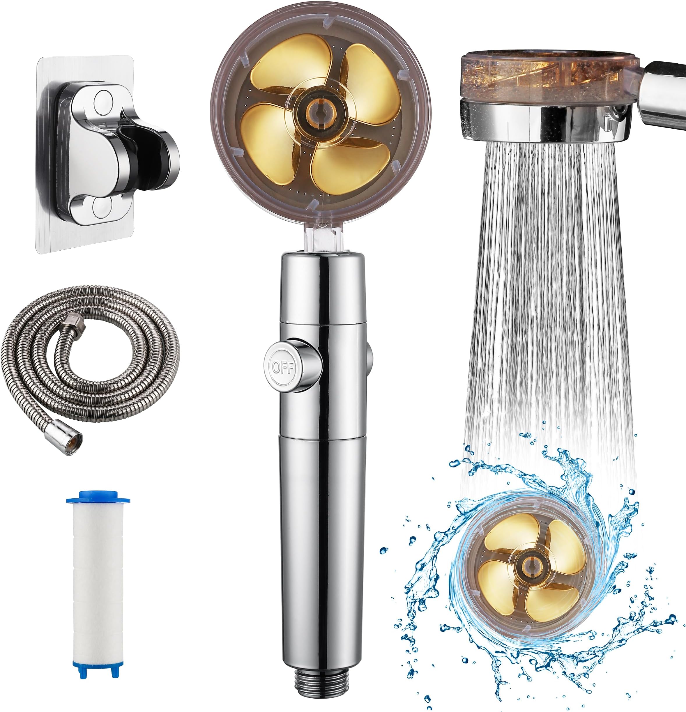 Hydro Shower Jet Head High Pressure Shower Heads with Filters for Hard Water, Handheld Detachable Turbo Showerheads with Off Switch, Drivse Iondrops Showerhead with Hose for Camper RV (1 Filter)