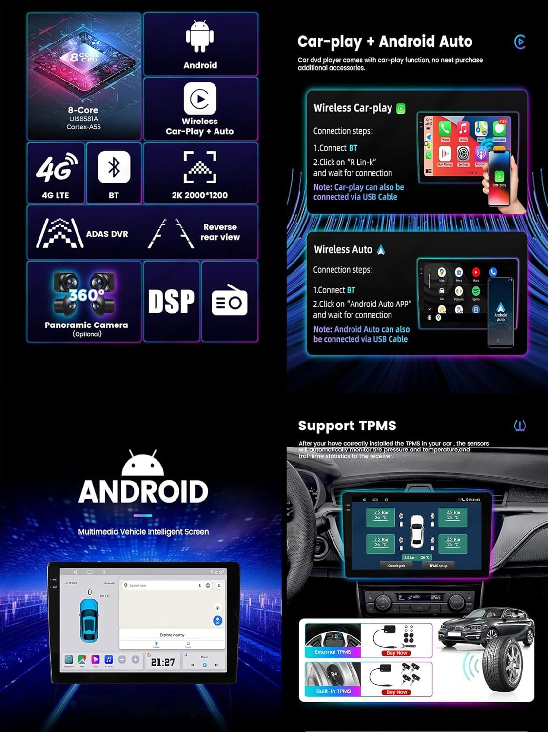 Diagram showing wireless CarPlay and Android Auto connection steps, along with TPMS support