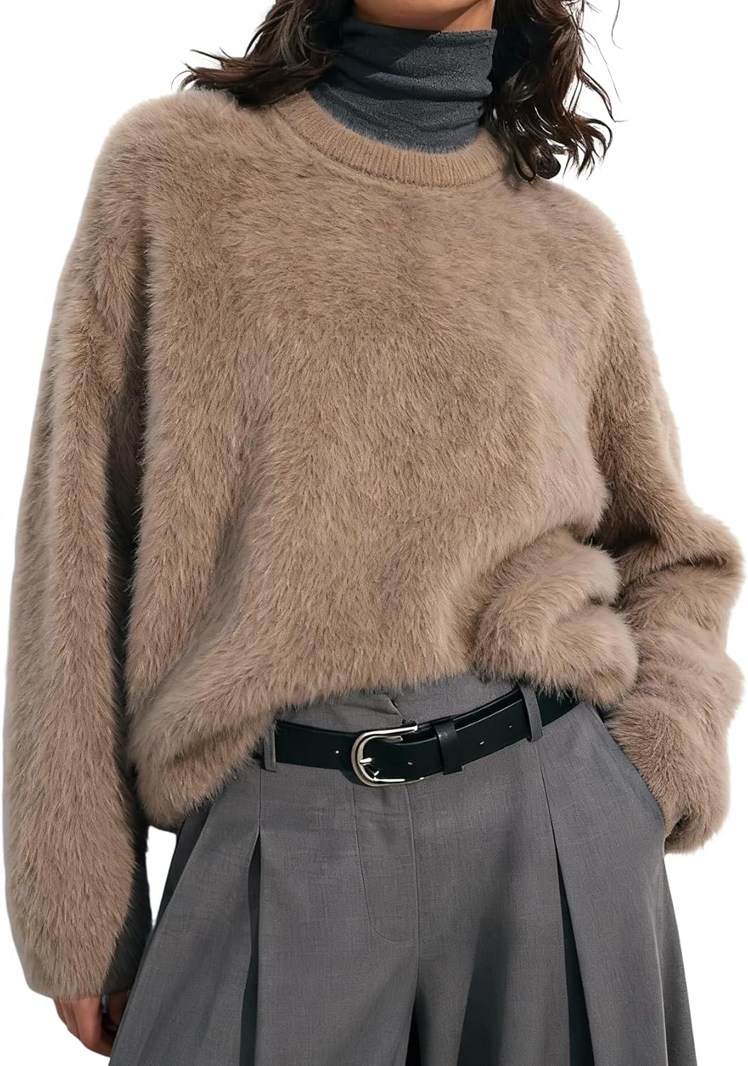 Wyeysyt Womens Fuzzy Sweaters Crewneck Fur Sweater Long Sleeve Furry Sweaters 2026 Knit Sweater Jumper Top