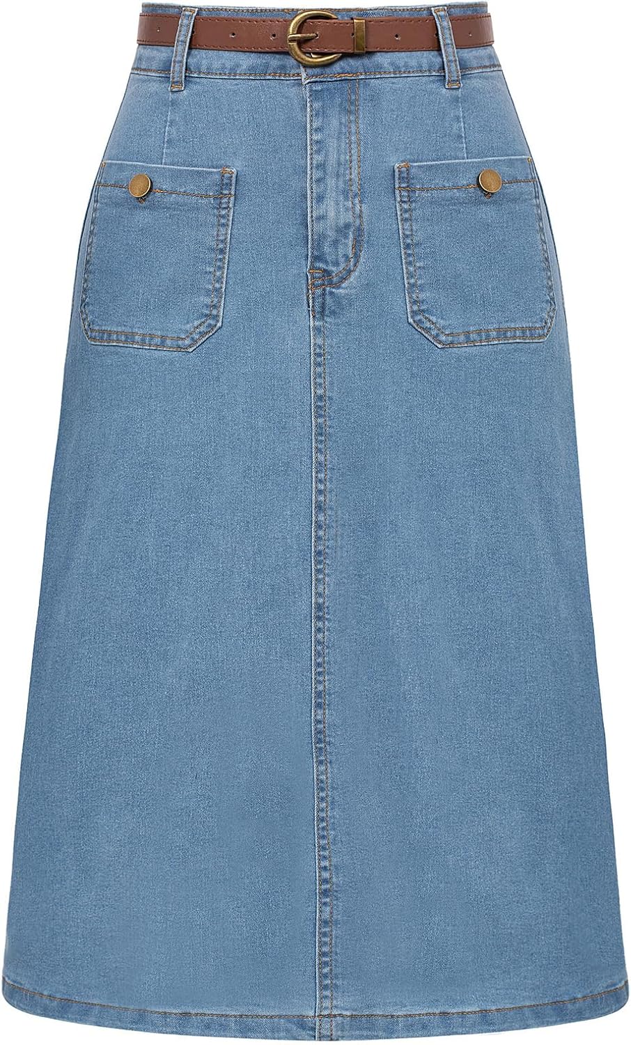 Belle Poque Denim Skirt with Belt Below Knee Length High Waisted Jean Skirts for Women