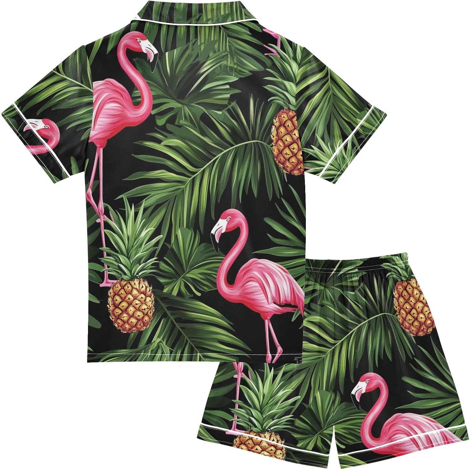 ZZXXB Palm Leaves Flamingo Kids Satin Short Sets Outfits Casual Button Down Short Sleeve Lounge Set S-XXL