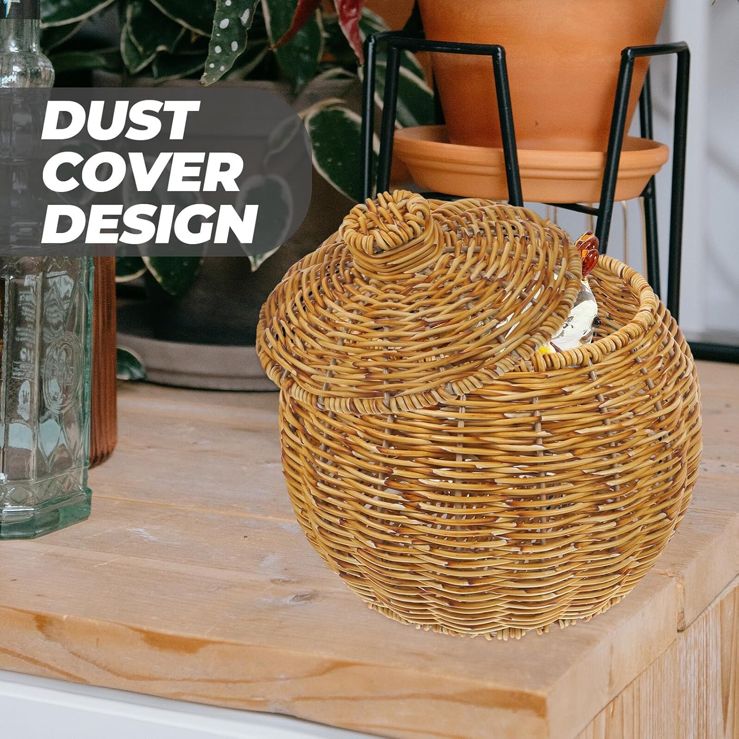 Hand Woven Rattan Storage Basket with Lid, Plastic Desktop Organizer image 5