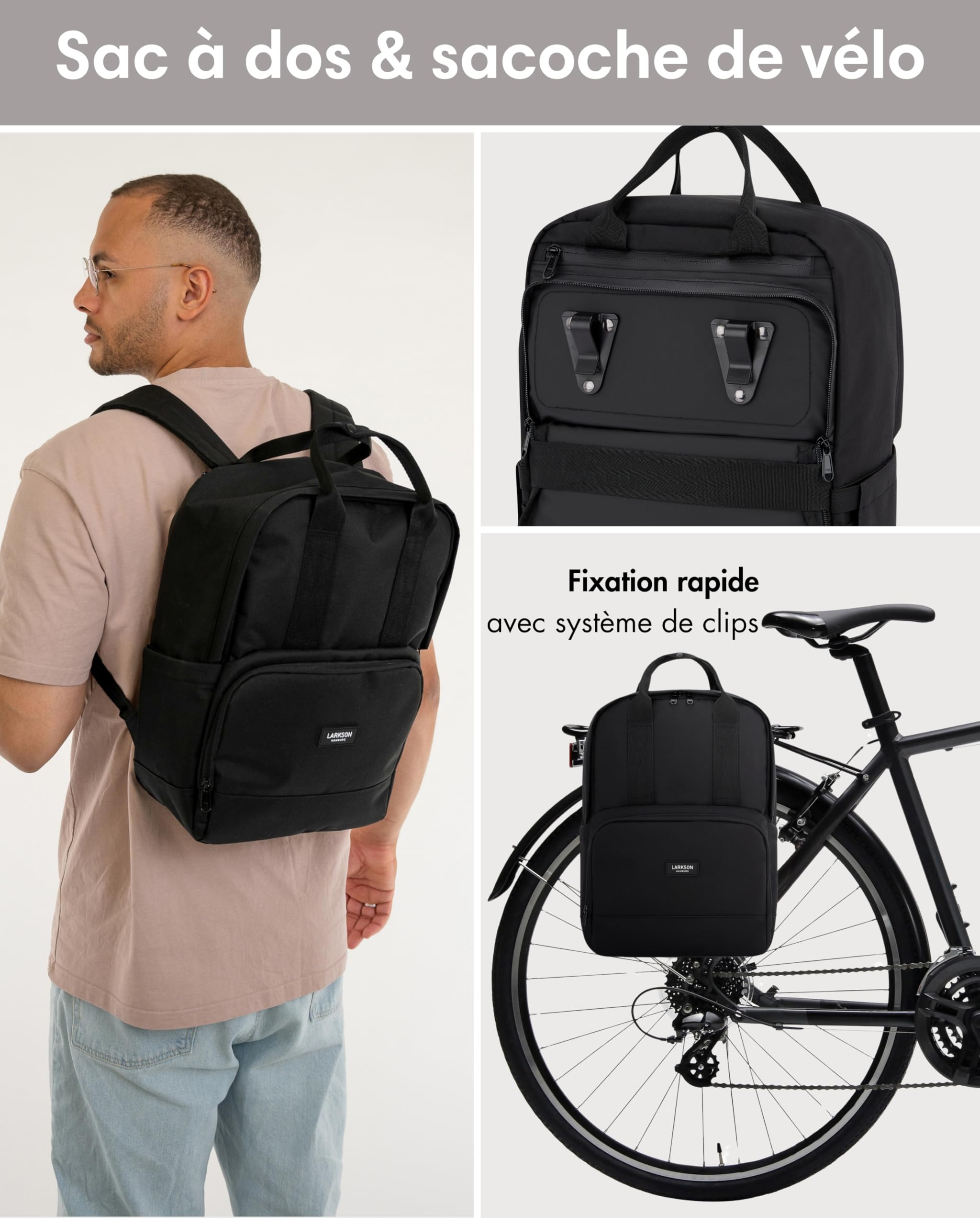 LARKSON Sacoche Vélo Noir - No 6 Bike | Sac à Dos Multifonctionnel 2 en 1 & Sacoche Arrière Bicyclette - Hydrofuge
