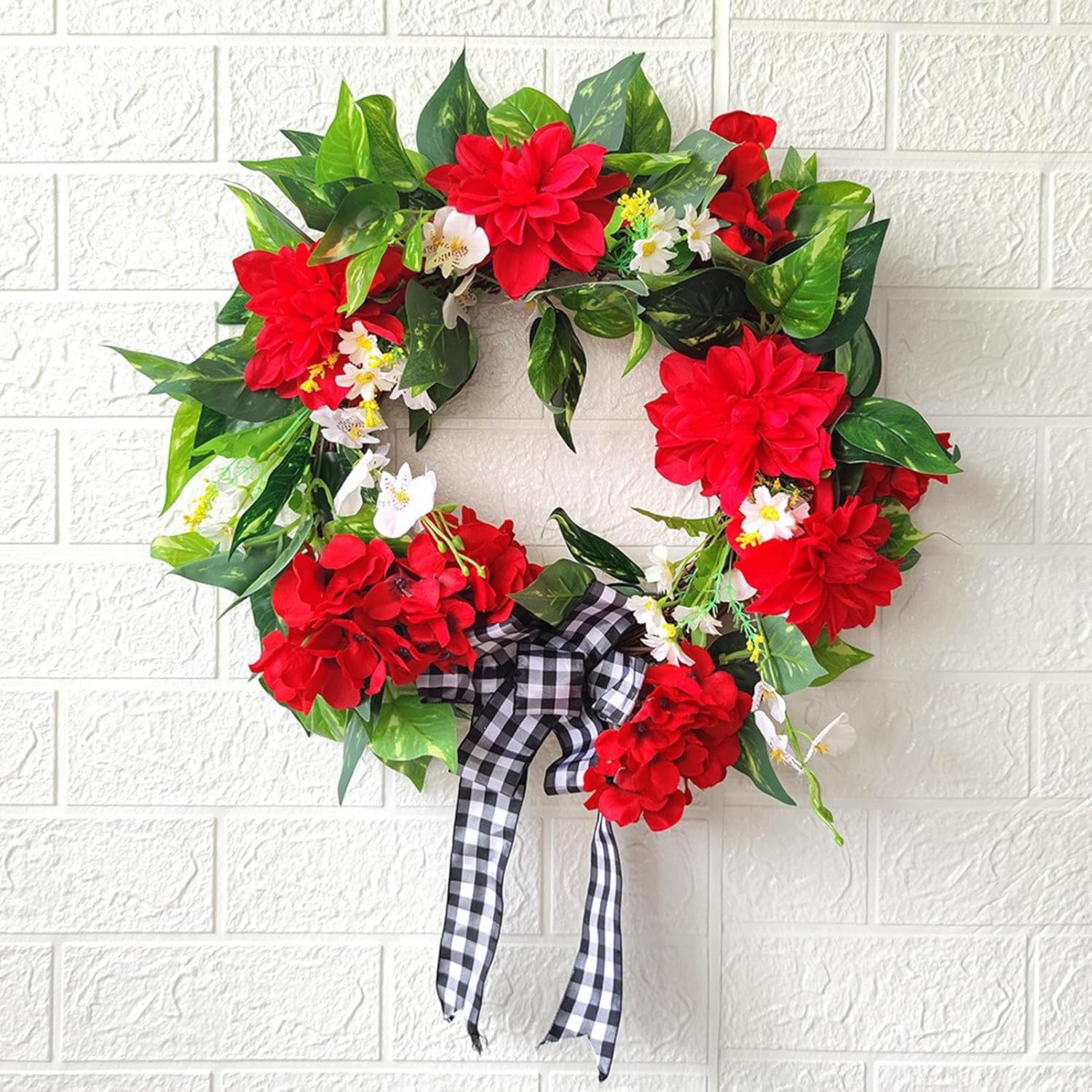 MINGZHE 17.7 inch Artificial Spring Summer Wreaths for Front Door, Red Geranium Wreath, Artificial Floral for Front Door Indoor Outdoor Home Farmhouse Decor
