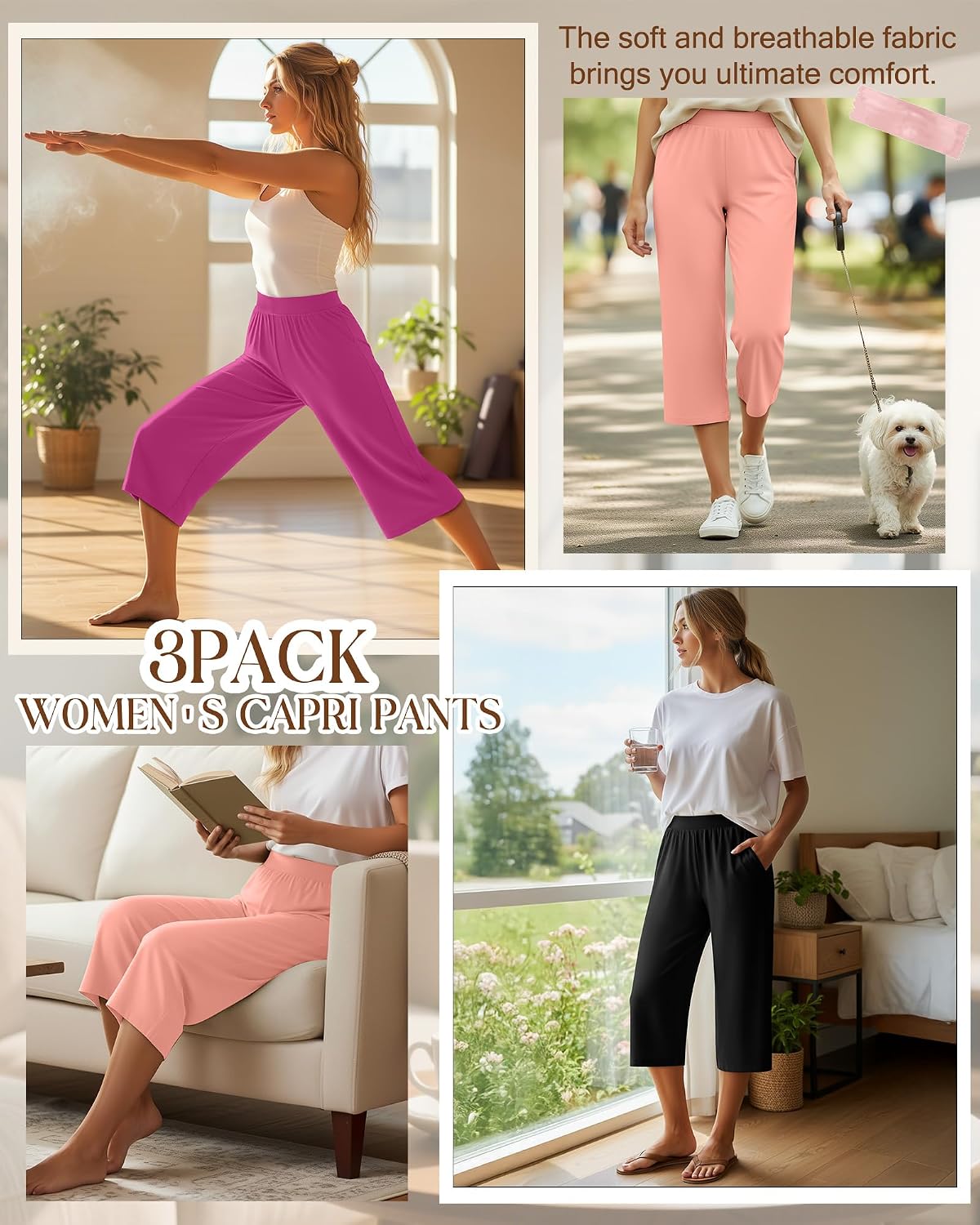 Huukeay 3 Pack Women's Capri Sweatpants Cozy Wide Legs Cropped Capri with Pockets Lounge Jogger Pants Workout Yoga Solid thumbnail