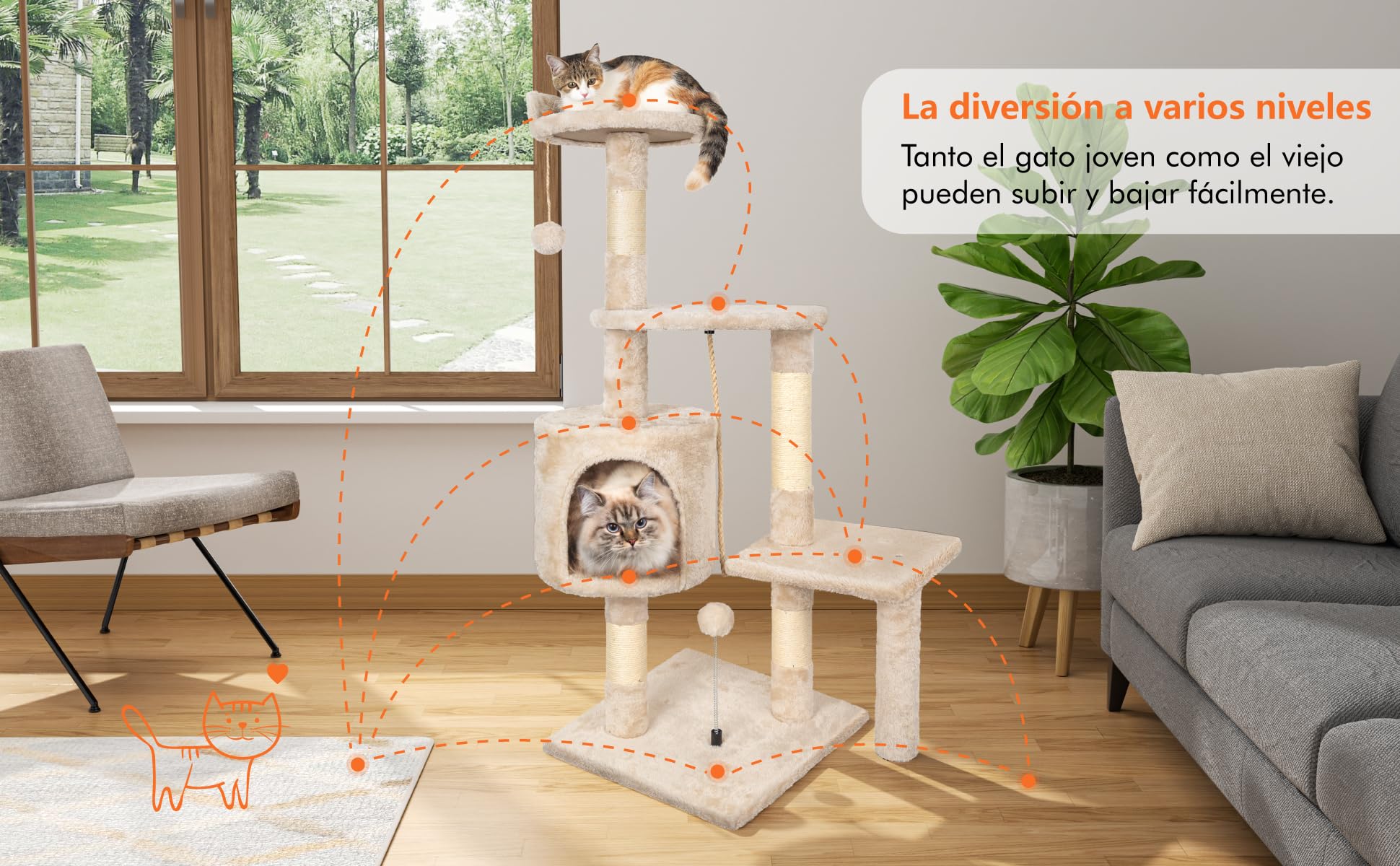 Rascador para Gatos,Árbol Rascador para de 112 cm y múltiples Niveles Estable con 4 Postes de sisal,3 Plataformas,1 Cama,Torre Gatos para Jueguen y Descansen-Beige