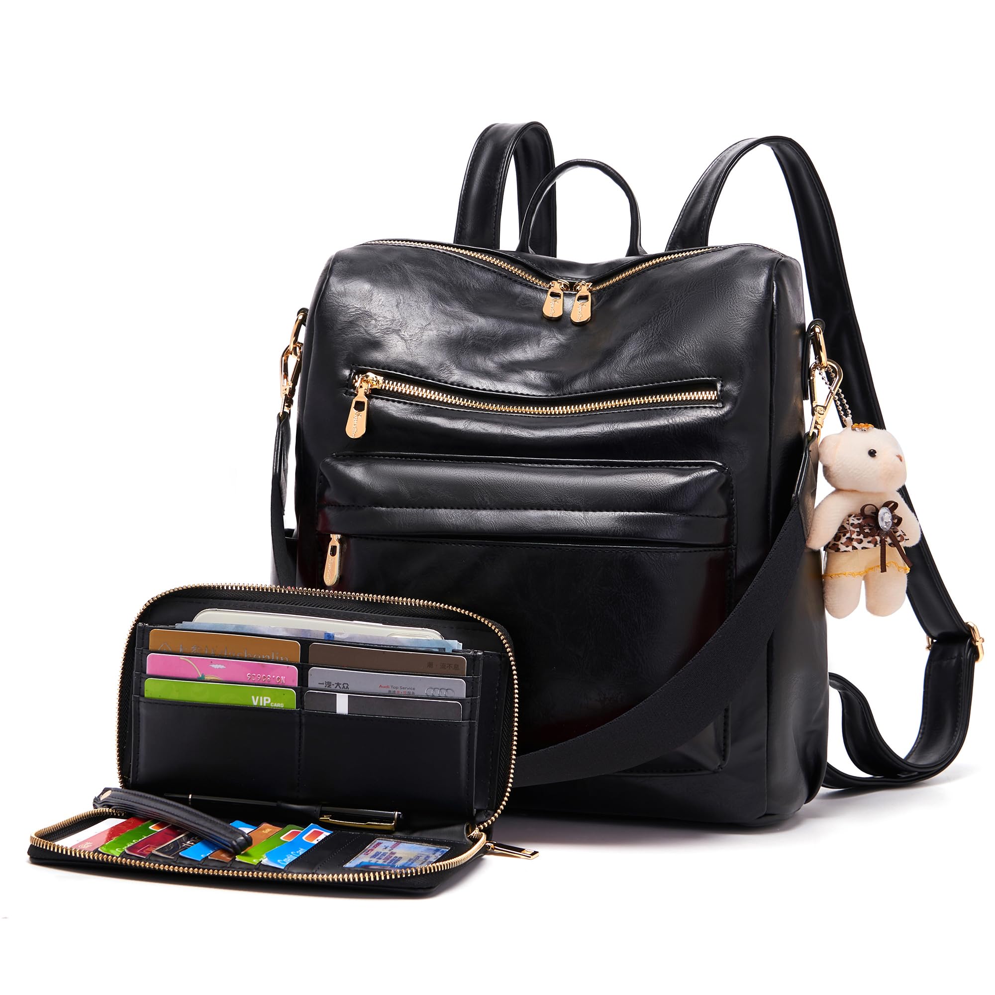 Mochila de moda para mujer, bolsos de diseño multiusos, bolso de hombro de cuero de la PU de viaje, cartera de 2 piezas, Negro, Mochilas Tote