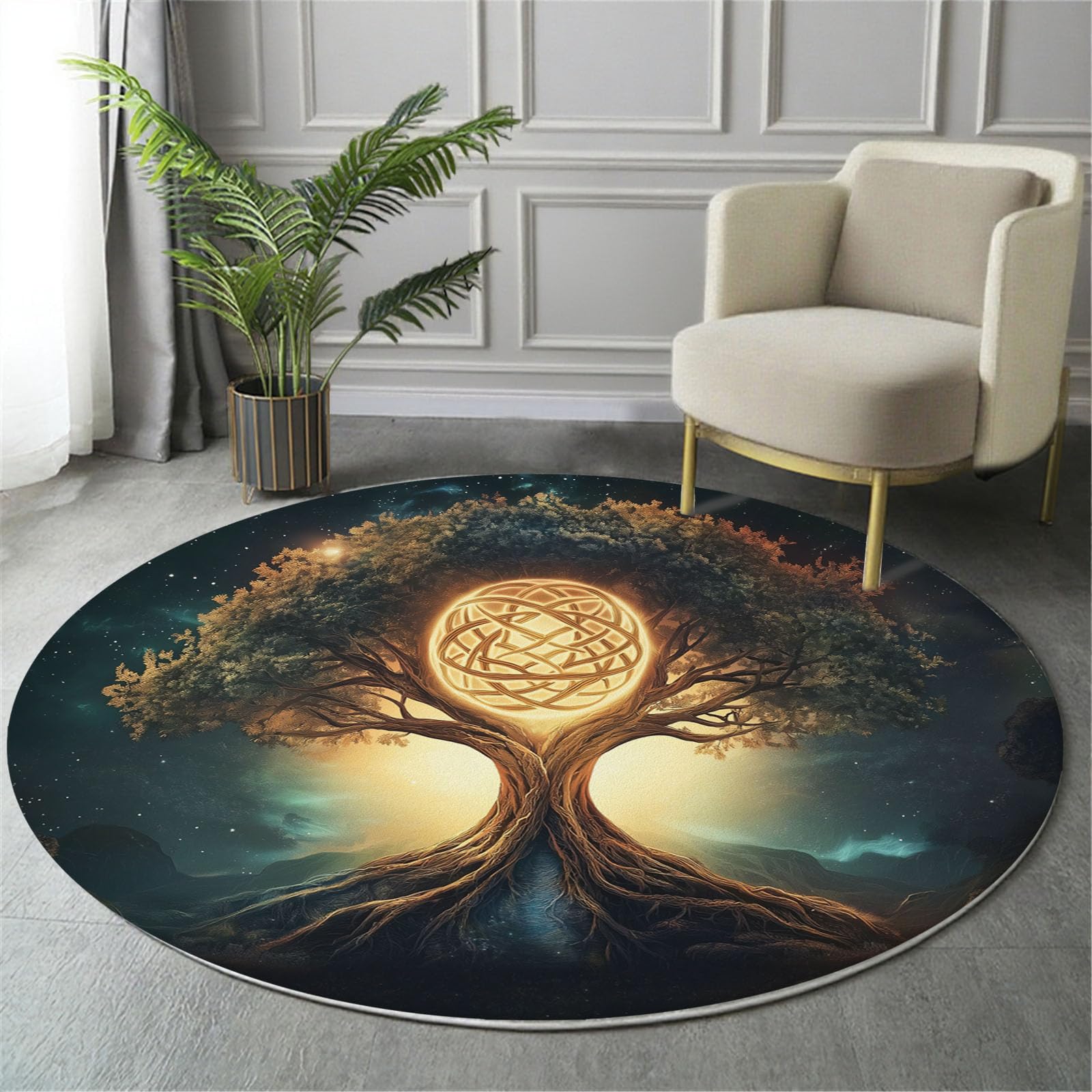 Tapis rond salon arbre de vie lavable 120cm brun doré
