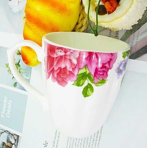 Miniatura 5 de Taza de café de porcelana rosa de 14 onzas, taza de café con diseño de hueso floral, taza de té para mujeres, mamá, amiga (rojo)