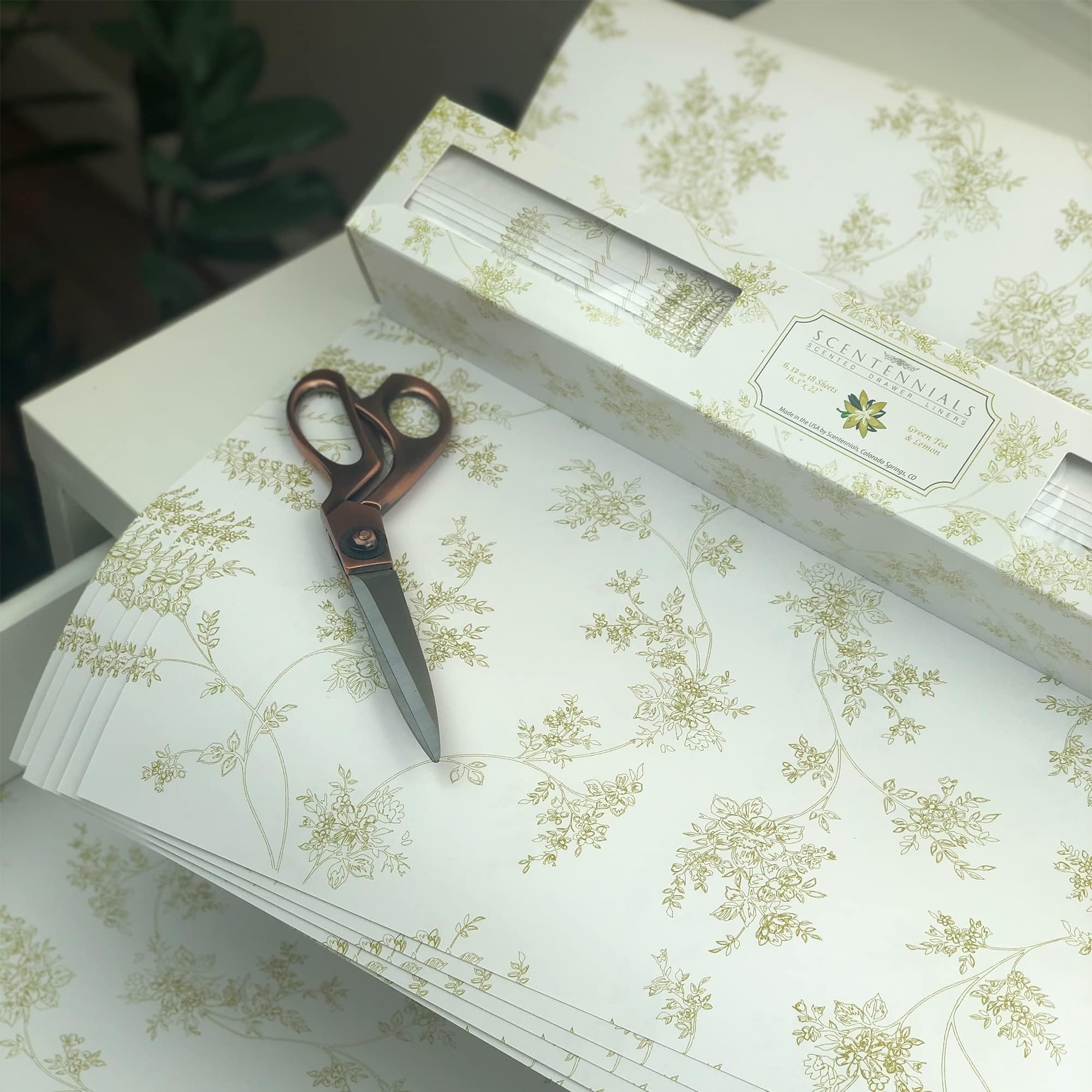 Green Tea & Lemon Scented Drawer Liners - (16.5 x 22 Inch) Charming Floral Print - Premium Quality Shelf Liner Sheets - Ideal for Kitchen, Drawer & Closet, Non-Adhesive Design