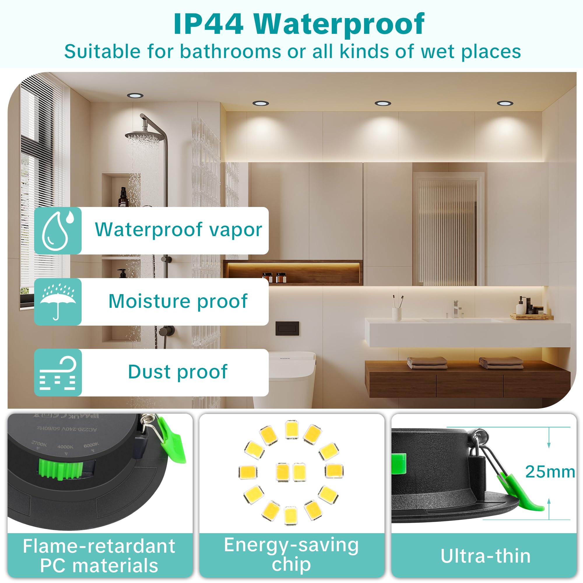 LED Einbaustrahler 230V Flach, 68-80mm Lochmaß 5W LED Spots, 2700K/4000K/6000K Einbauleuchten Einbauspots, IP44 Spots Deckenleuchte für Bad, Deckenspots Schwarz 10er Set (Nicht Dimmbar)