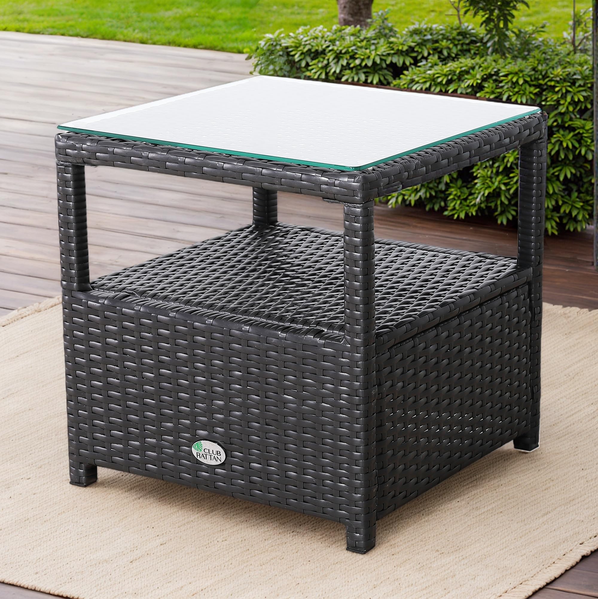 Club Rattan Outdoor Rattan Coffee Table, Side Table with Glass Top, Wicker Weave Side Table,All-Weather Wicker Bistro Outdoor Furniture for Patio, Balcony, Porc (Blackish Brown, 40 * 40 * 44)