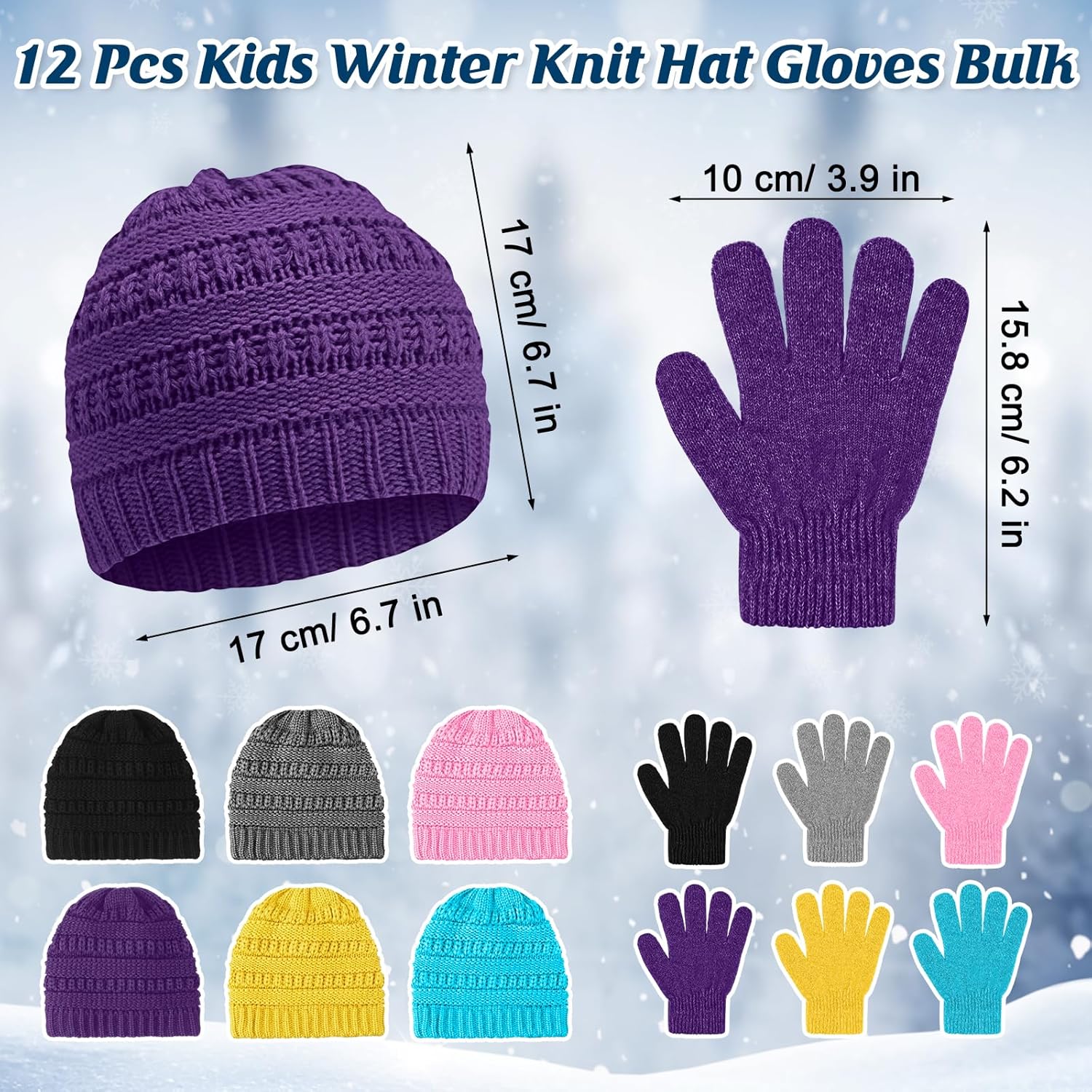 Suhine 12 Pcs Kids Knit Beanies Hats Gloves Winter Set for 5-10 Unisex Warm Cold Weather Full Fingers Gloves for Boys Girls - Image 2