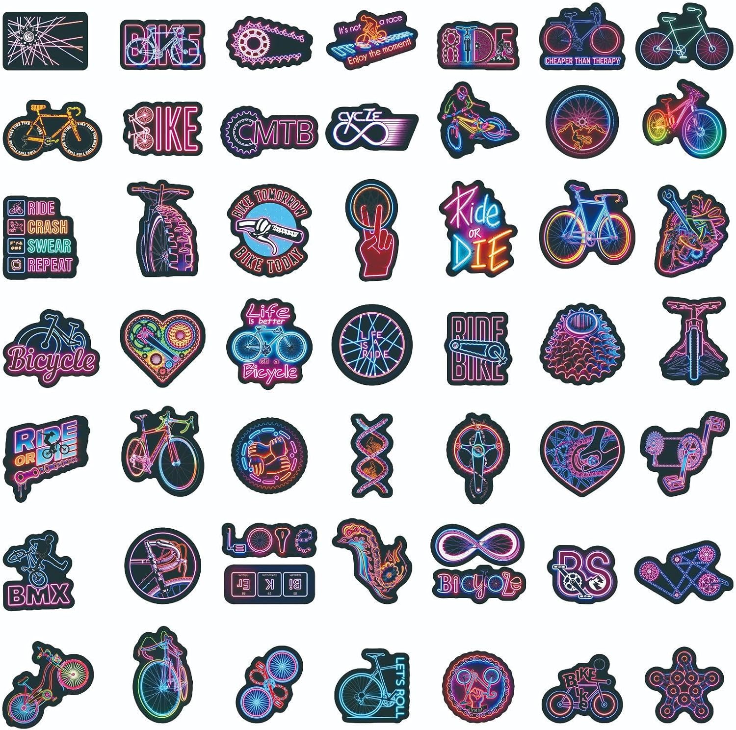 50Pcs Neon Bicycle Stickers, Cool Bike Themed Waterproof PET Stickers for Water Bottle Laptop Skateboard Guitar, Vintage Cycling Sticker for Teens Adults Biker Lovers (Neon Bicycle) image 2