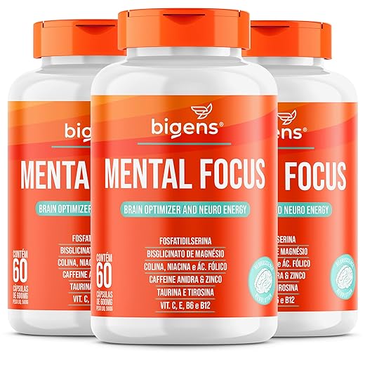Mental Focus, Fosfatidilserina, Tirosina, Taurina, Caféina, Magnésio Glicina, Colina e vitaminas, Bigens, Kit 3x 60cps
