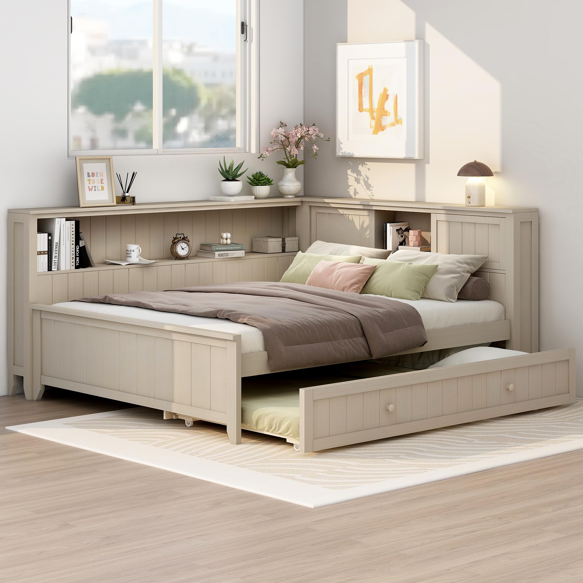RuiSiSi Full Size Daybed with Storage Bookcase and Trundle, Wood Corner Daybed with L-Shaped Headboard, Full Day Bed with Twin Trundle and Storage