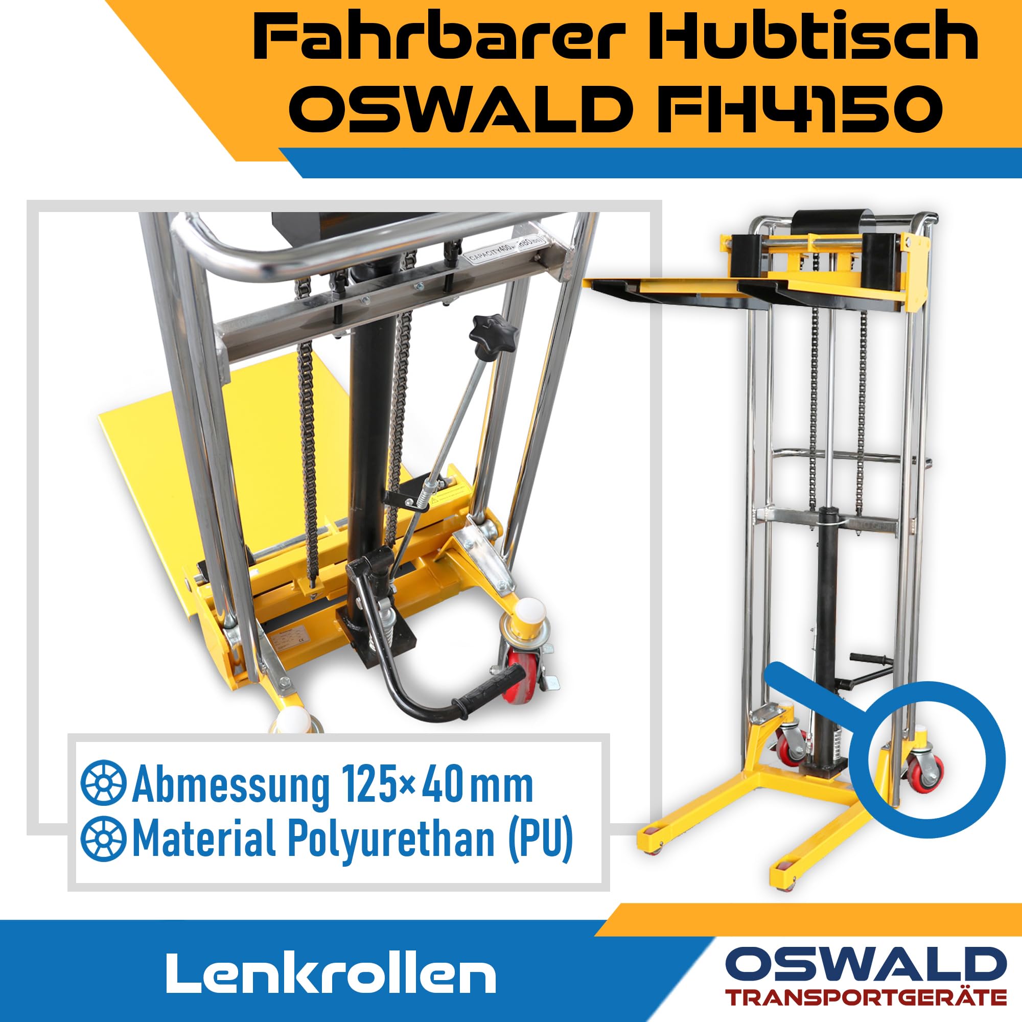 Fahrbarer Hubtisch mit Gabeln und Plattform, Mini-Stapler, 400 kg, 1,5 m Hubhöhe, 650 mm Gabellänge