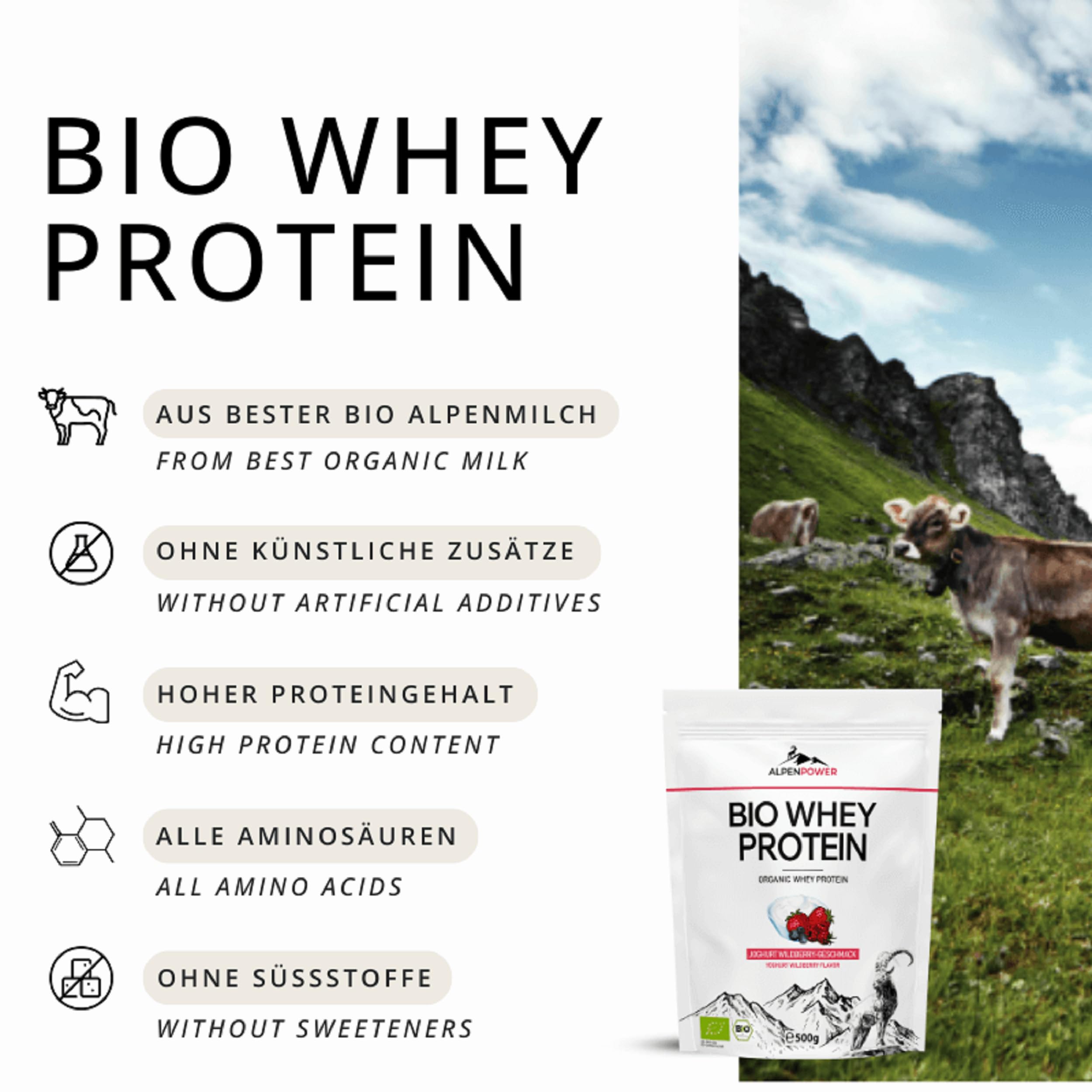 AlpenPower BIO WHEY proteine ​​gusto Yogurt e frutti di bosco 1 kg - Ingredienti 100% naturali e senza additivi - Prodotto con il miglior latte alpino biologico - Polvere proteica CFM di alta qualità