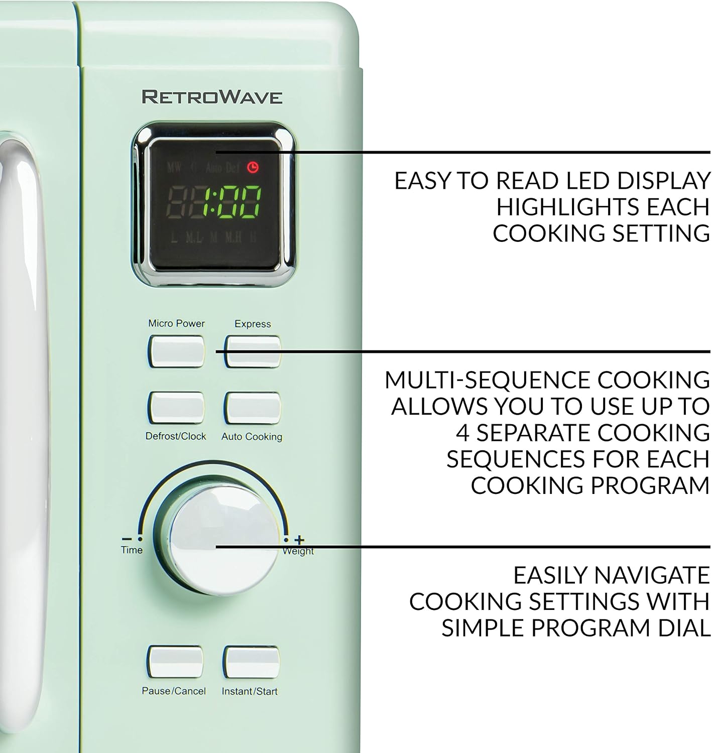 Nostalgia MCMO9FTSG Mid-Century Retro 0.9 Cu. Ft. 900-Watt Countertop Microwave Oven With LED Display, 5 Power Levels, 8 Cook Settings, Seafoam Green