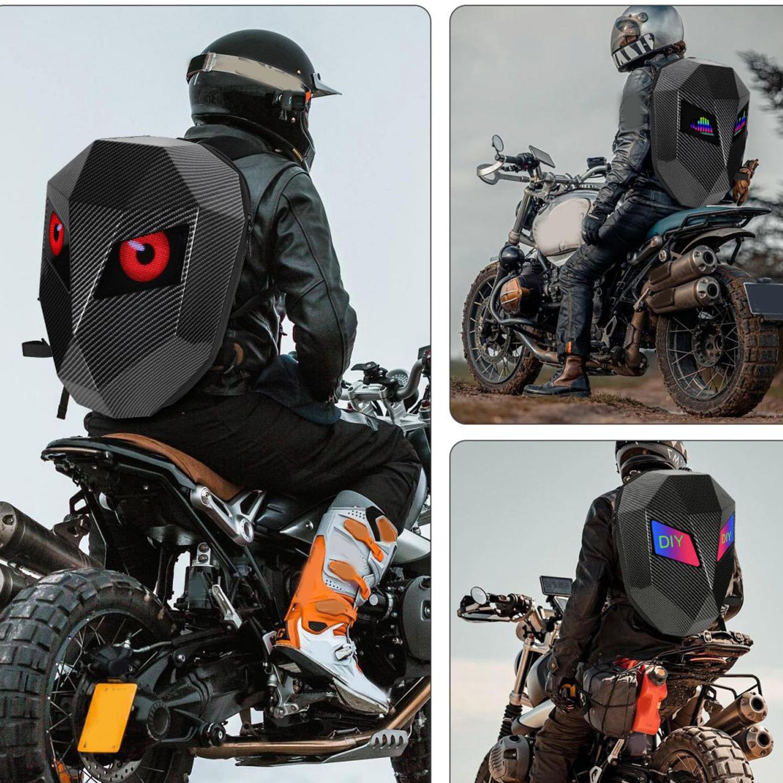 Plecak Motocyklowy LED, Plecak Jeździecki z twardą skorupą dla Mężczyzn, Kontrola Aplikacji DIY Programowalny bagaż Motocyklowy w Pełnym Kolorze, Zasilana Przez USB Wodoodporna
