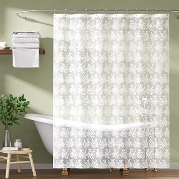 Bathway White Lace Shower Curtain with 12 Pearl Hooks, Girly Sheer Vintage Boho Farmhouse Cute Rustic Decorative Lace Shower Curtains for Bathroom, Room dividers, Party Backdrop, 72x72 Inches