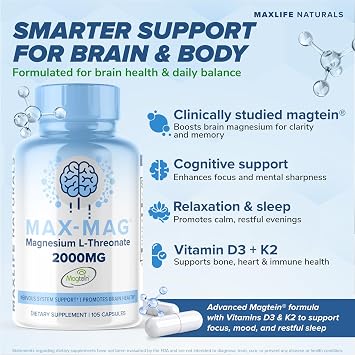 MaxLife Naturals Max-Mag Magnesium L-Threonate 2000mg Supplement USA Made