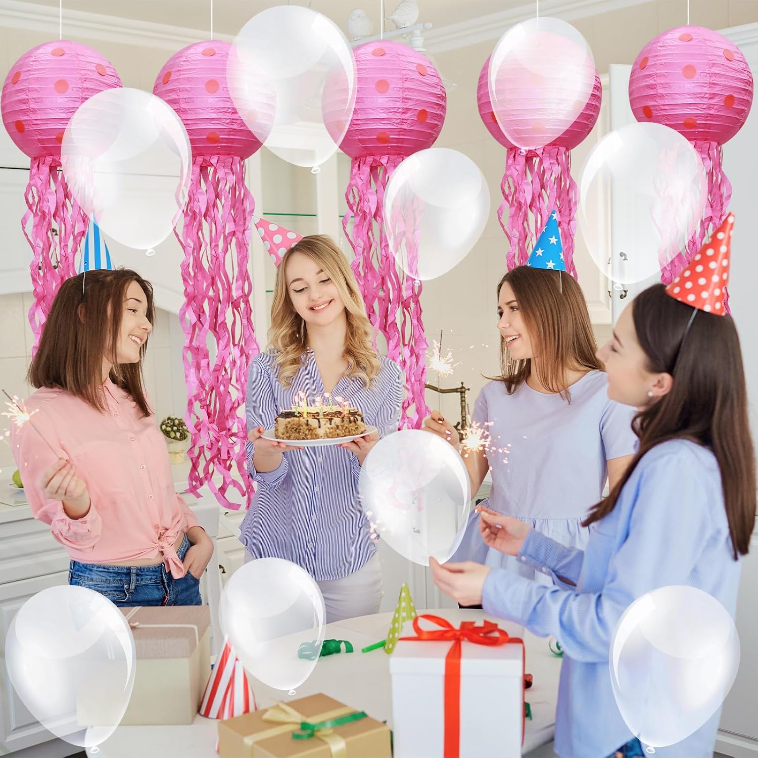 8 Sets Sponge Themed Birthday Party Decoration 10 Inch Jellyfish Hanging Paper Lanterns 150 Pcs 5/10 Inch Clear Balloon Pink Jelly Fish Paper Lanterns Set for Mermaid Ocean Sea Birthday Party Supplies