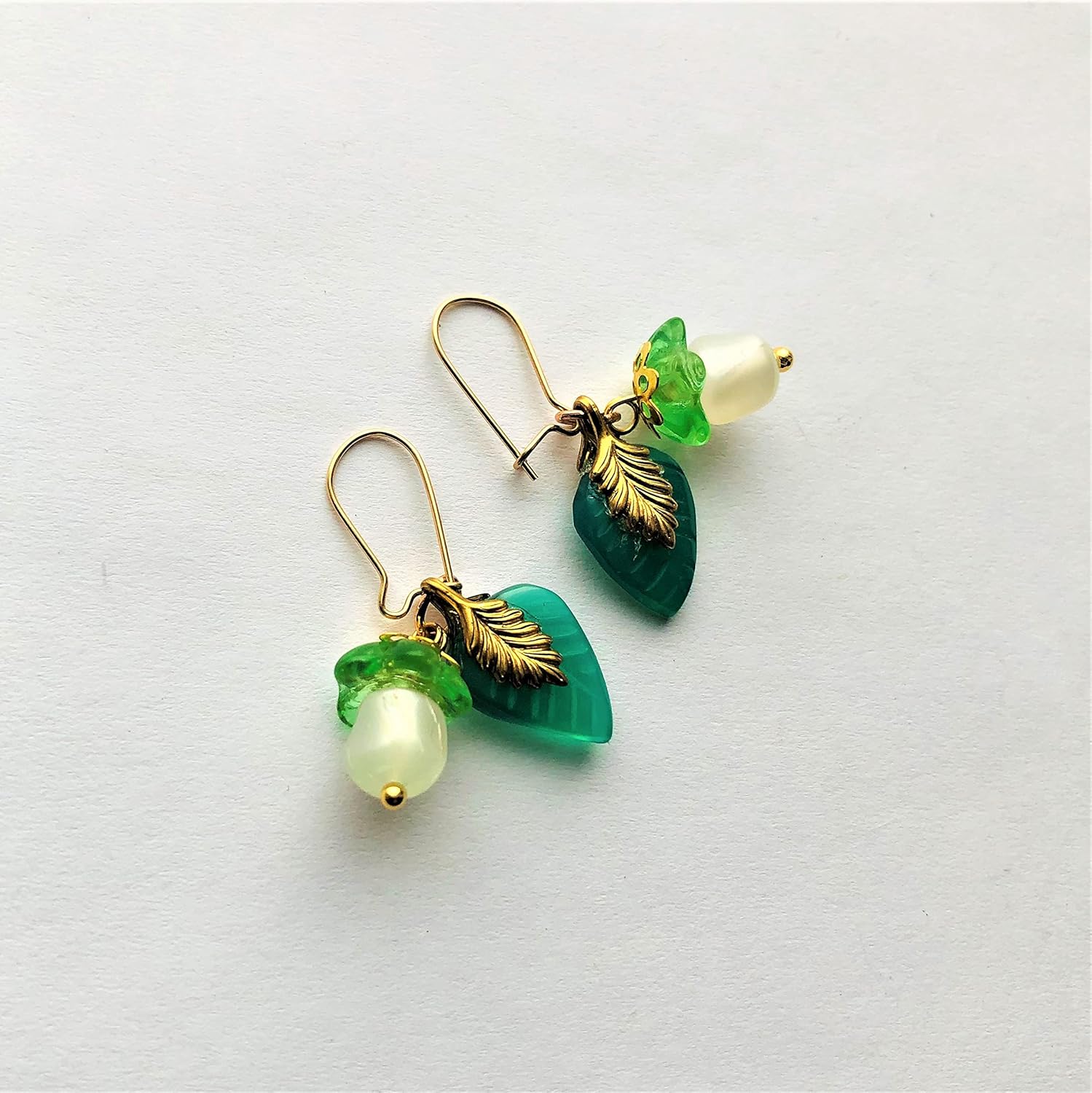 White Lucite Flower Tiny Floral Earrings Gold Filled Kidney Earwire Emerald Green Onyx Leaves Spring Summer Gift - Image 5