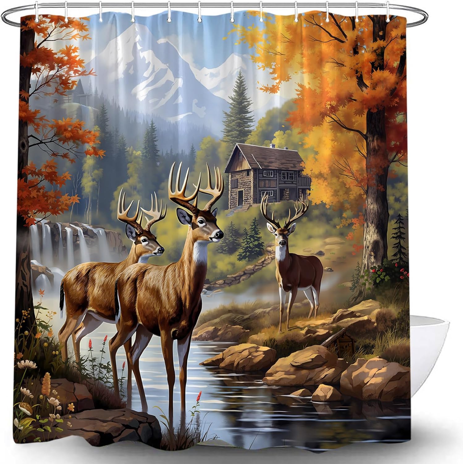 Rustic Cabin Deer Shower Curtain Fall Forest Whitetail Deer Hunting Country Wild Animal Elk Wilderness Farmhouse Autumn Nature Lake RV Bath Curtain with Hooks