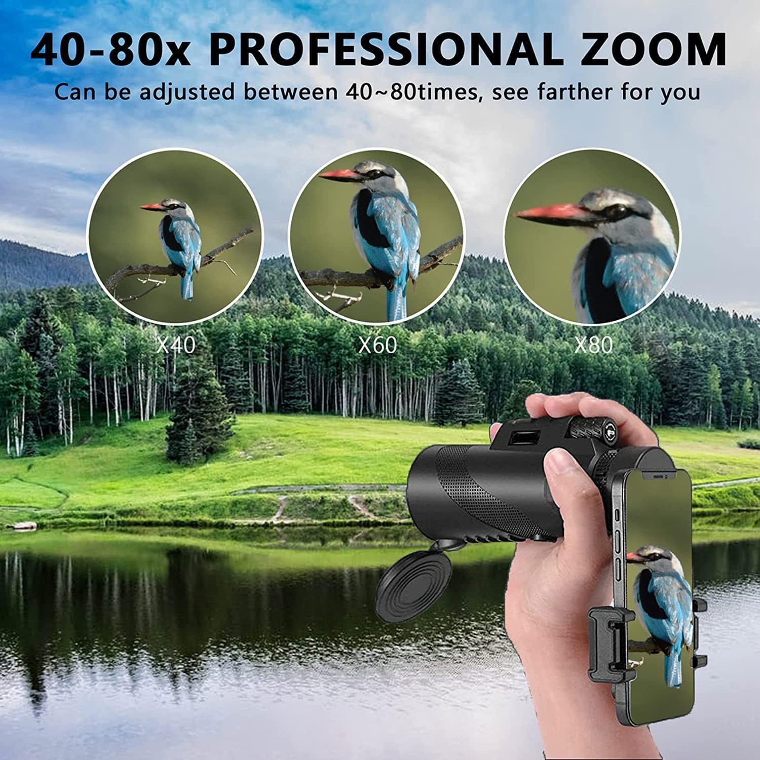 Monocular-Telescope 80x100 High Powered Monoculars High Definition for Adults High Powered with Smartphone Adapter Telescope Hunting Wildlife Bird Watching Travel Camping Hiking-Black — view 7