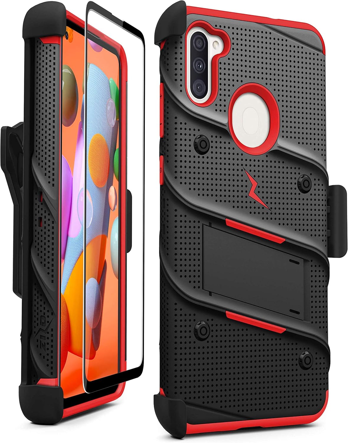 ZIZO Bolt Series Samsung Galaxy A11 Case with Screen Protector Kickstand Holster Lanyard - Black & Red