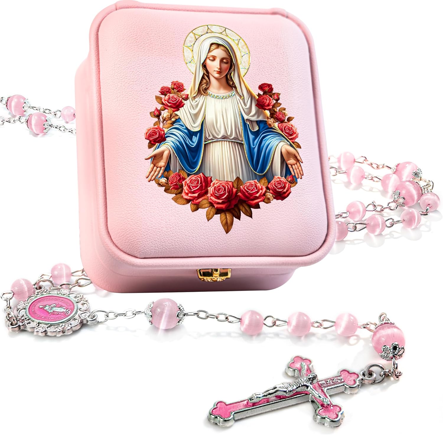 Rosary Necklace for Women - Cat's Eye Beads with Virgin Mary Medal & PU Leather Gift Box, Catholic Miraculous Medal Rosary