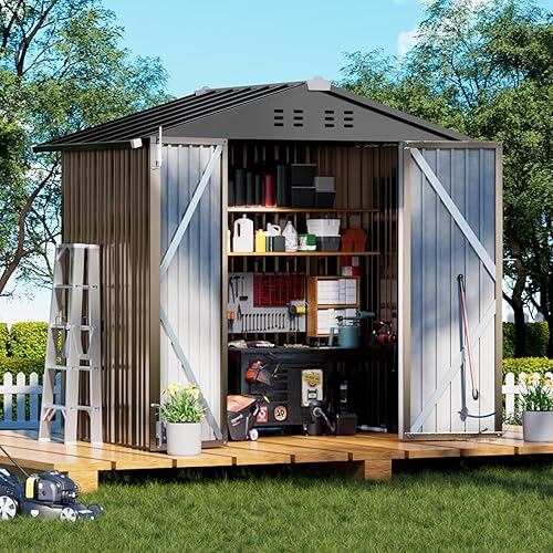 COMHOMA Shed Outdoor Storage Shed Metal,Lockable Doors Tool Sheds with Sloping Roof,Steel Garden Shed with Air Vent for Backyard,Patio,Lawn,Poolside (Brown, 6'*4')