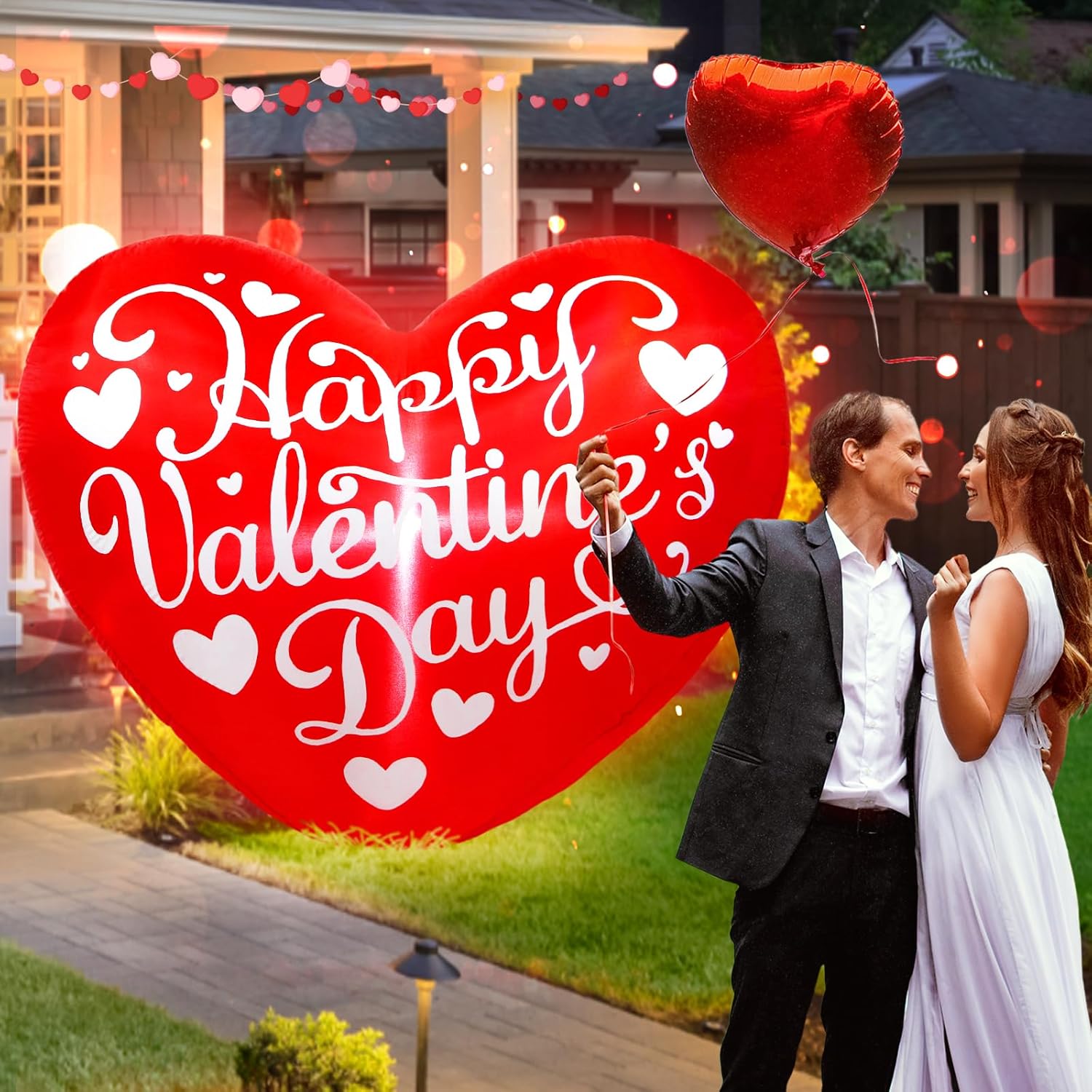 5ft Valentine’s Day Inflatable Decorations Giant Heart Outdoor Blow Up Heart Inflatable Valentine Decor with Built-in LED Lights for Wedding Decoration Lawn Home Indoor Outside