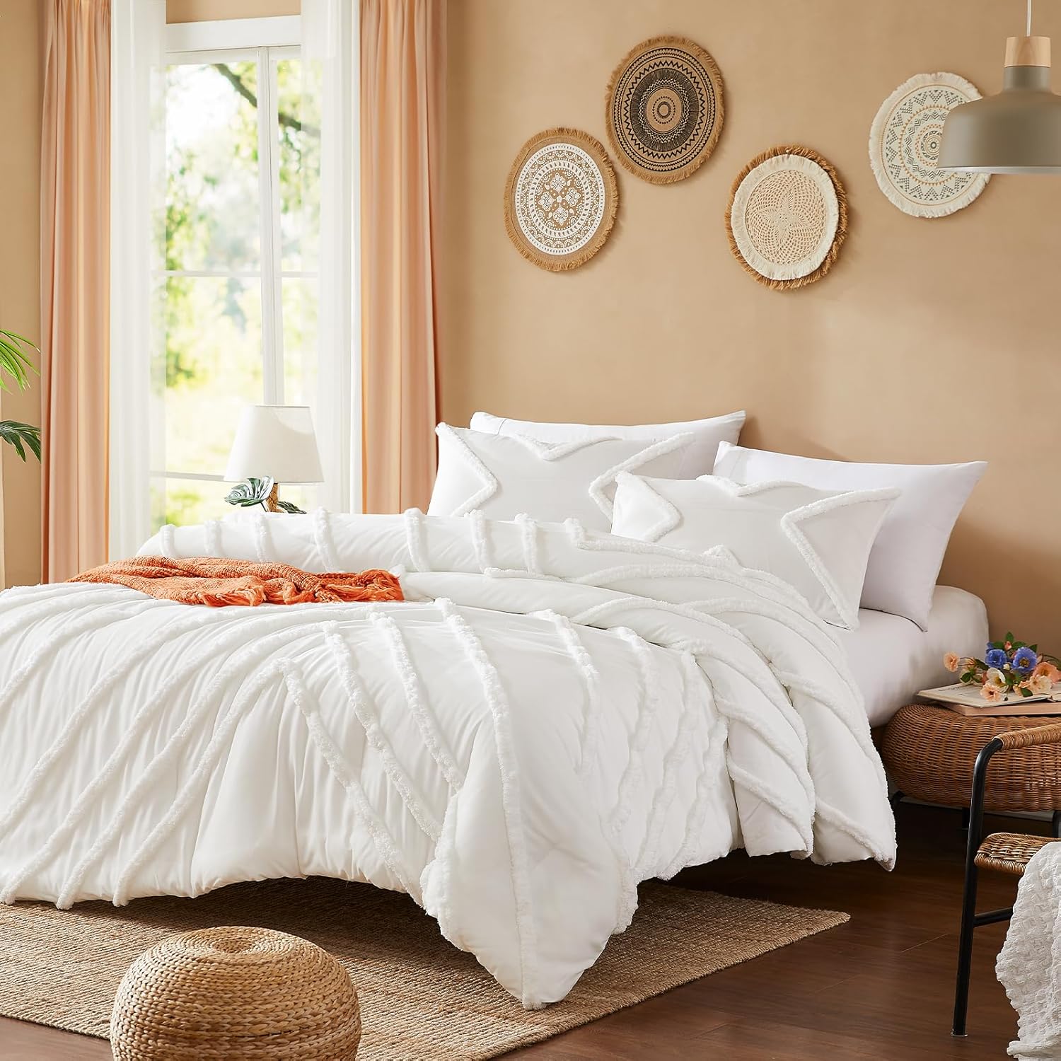 Cupocupa King Size Comforter Set;Ivory Comforters Boho Tufted Lightweight Bedding Sets 3PCS Comforter Soft Jacquard Comforter with 2 Pillow Cases for All Season