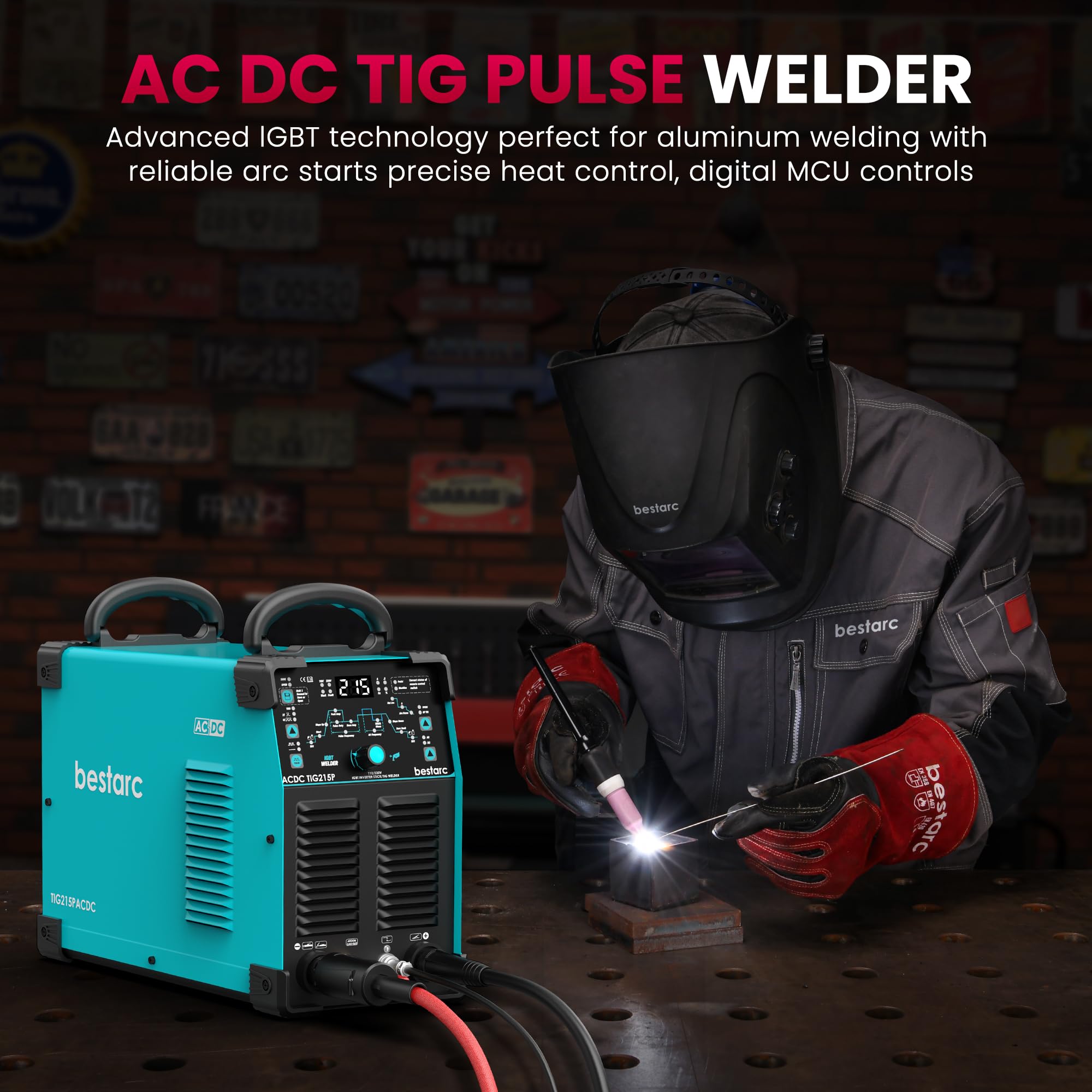 bestarc Soudeur TIG AC/DC, soudeur TIG en aluminium de 215 A avec impulsion TIG, machine de soudage TIG double tension 110 V/220 V avec soudage TIG CC/AC TIG/Pulse TIG/Stick Welding